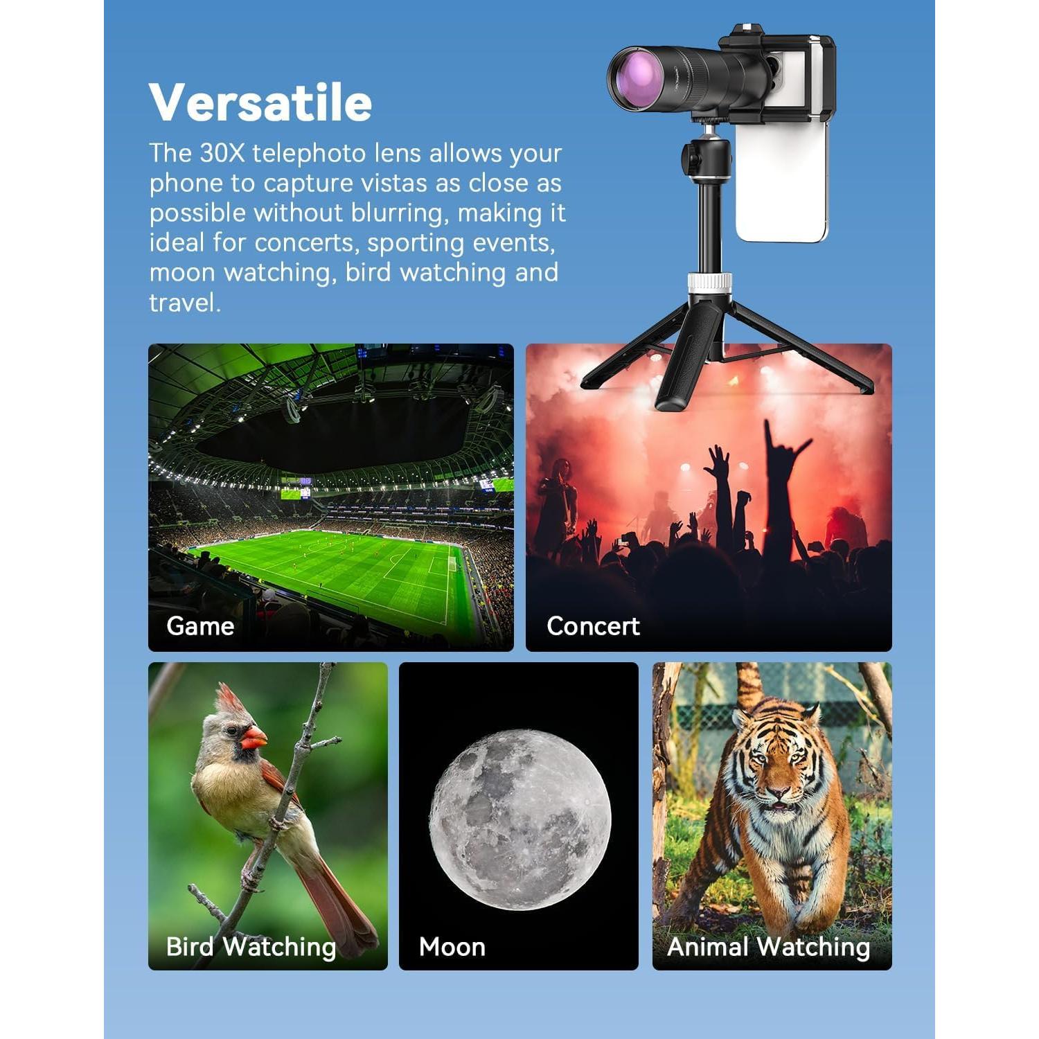 Lente Telefoto HD 30X APEXEL para Smartphones con Trípode