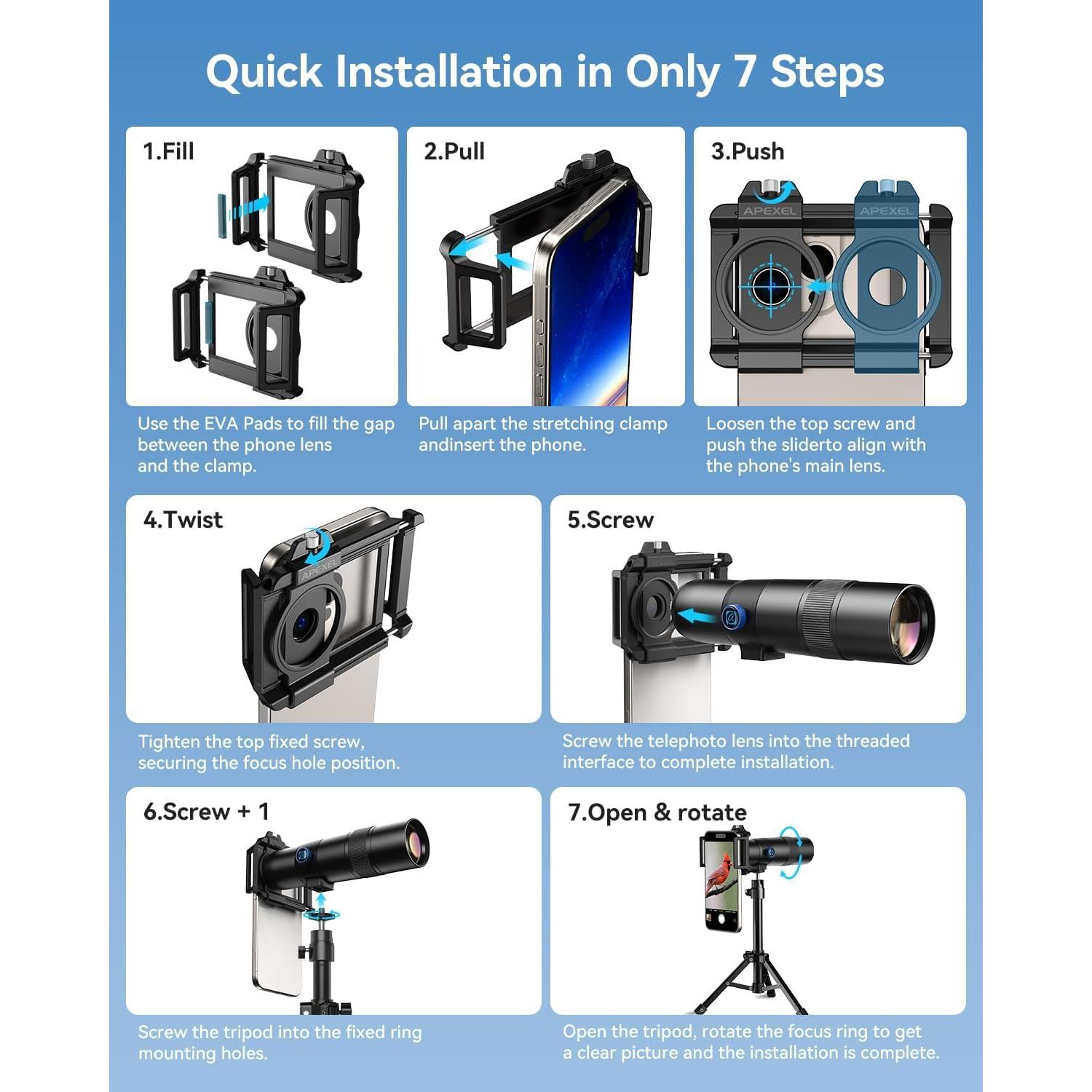 Lente Telefoto HD 30X APEXEL para Smartphones con Trípode