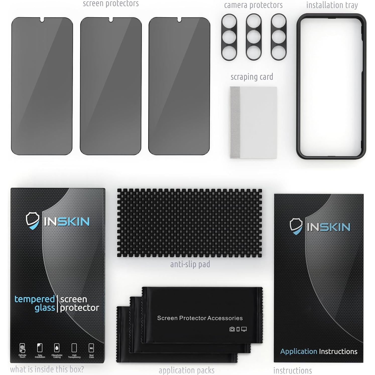 Inskin Privacy Screen and HD Clear Camera Lens Protector, fits Samsung Galaxy S23 5G 6.1 inch [2023] - 3+3 Pack, 9H Anti Spy Tempered Glass Film, Fingerprint Unlock, Case-Friendly