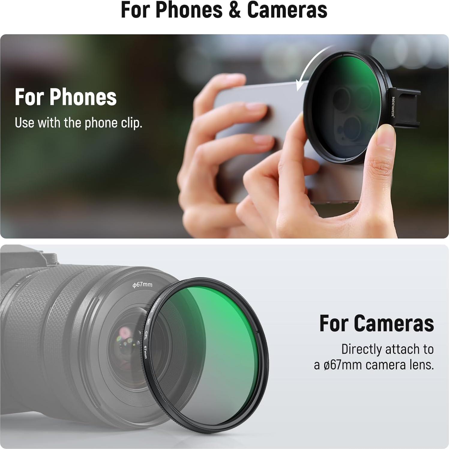 Kit de Filtros CPL 67mm NEEWER para Teléfonos con Abrazadera