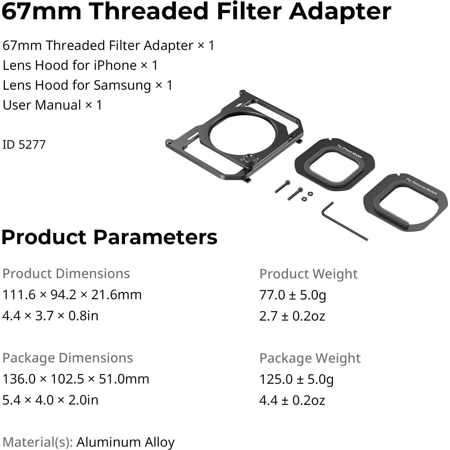 Adaptador de Filtro 67mm SMALLRIG con Capuchones para Smartphone