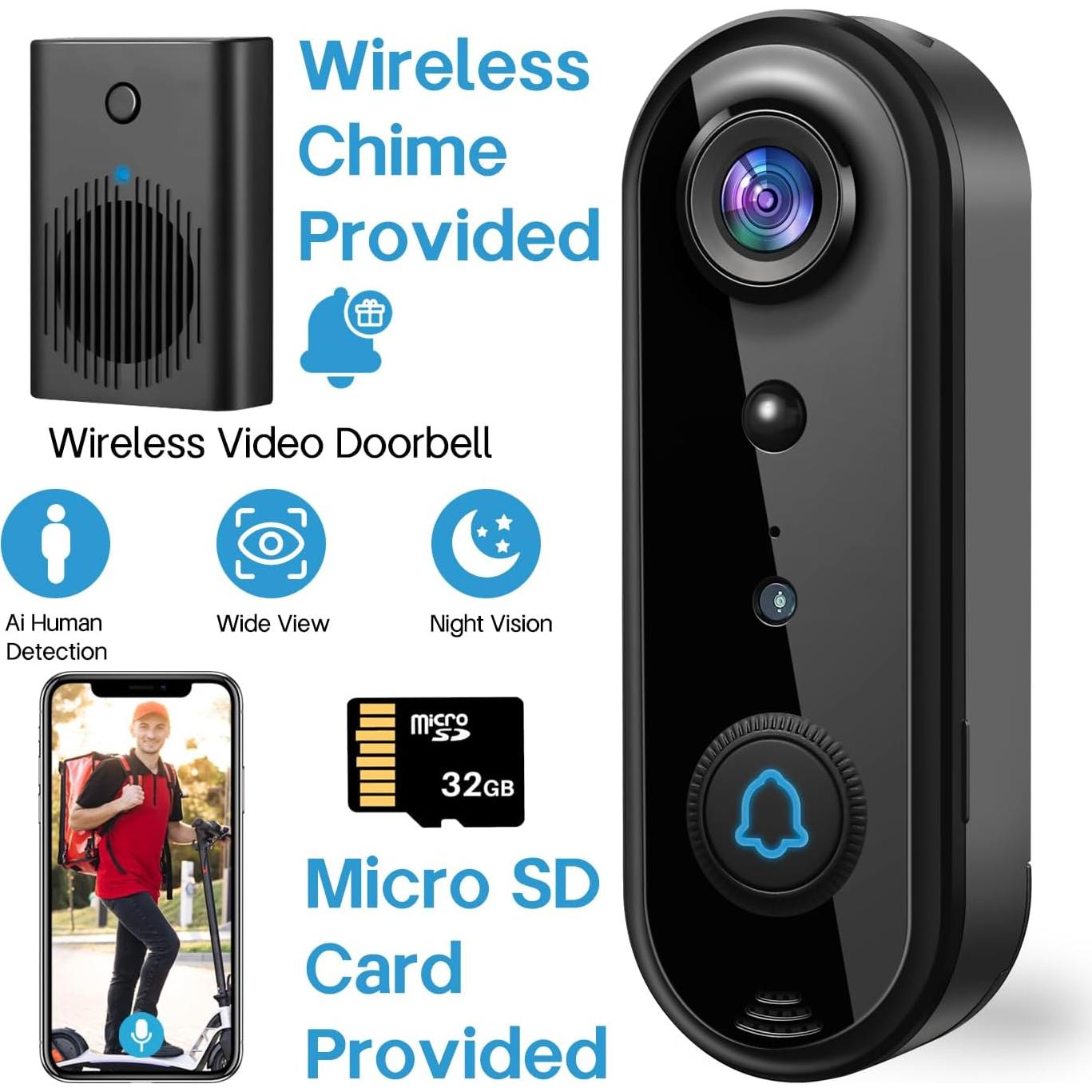 Cámara de Timbre Inalámbrica Taishixing 1080p con AI y Visión Nocturna