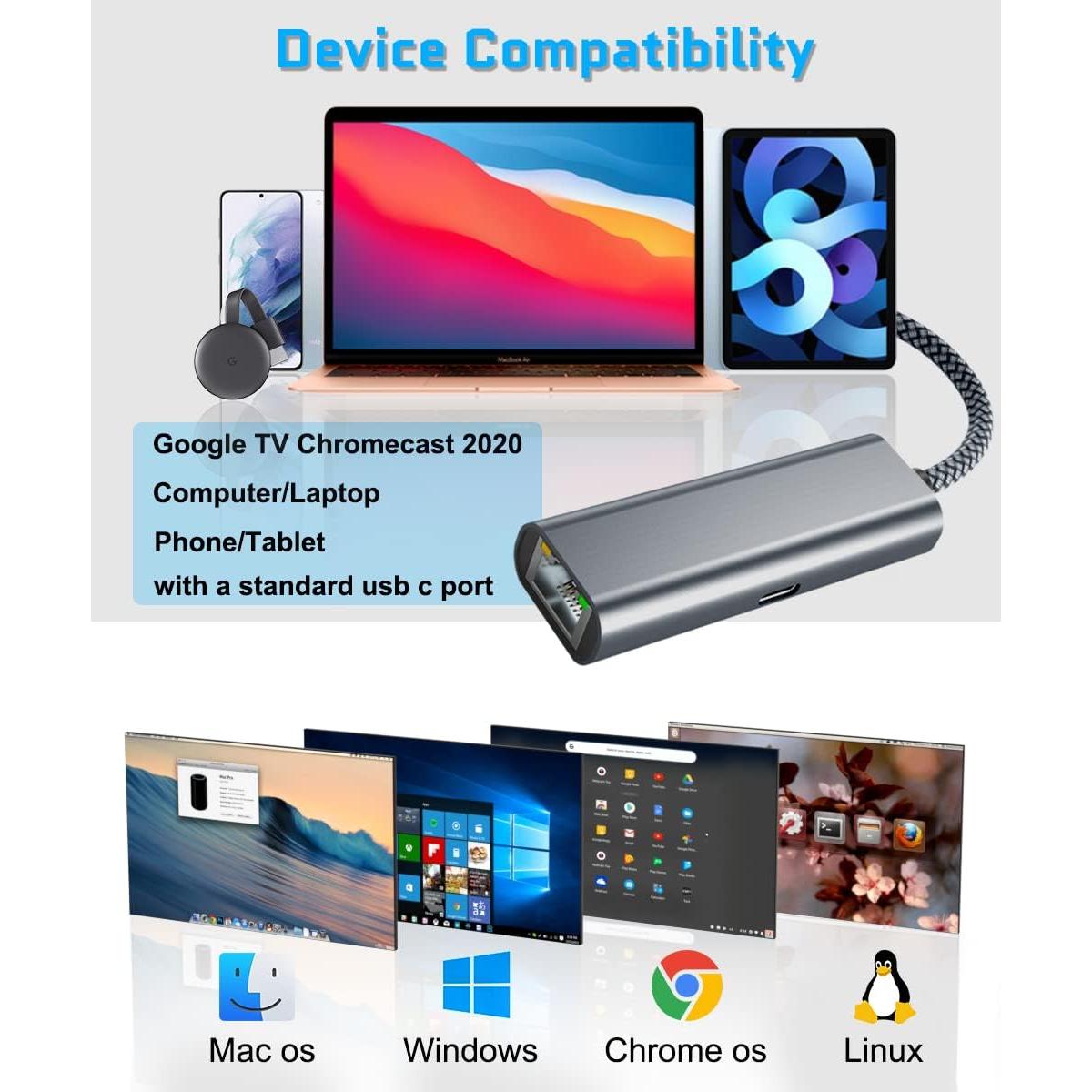 Adaptador Ethernet USB-C RUXELY a RJ45 con Carga 60W