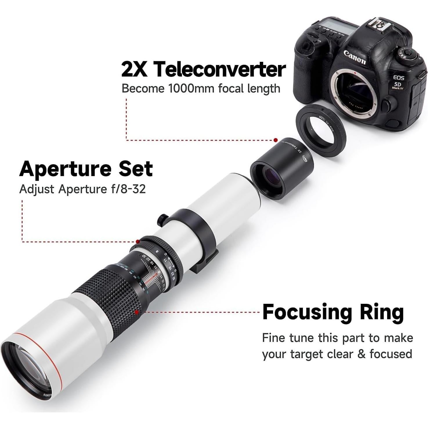 Lente Telefoto Manual OPTURA HD 500mm f/8 para Canon EOS