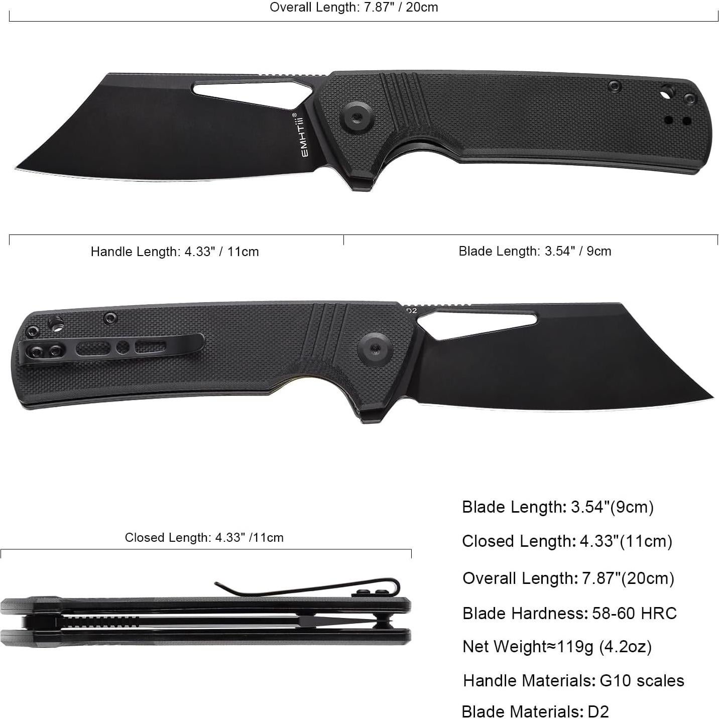 Cuchillo Plegable EMHTiii de Acero D2 9cm Hoja Negra EDC