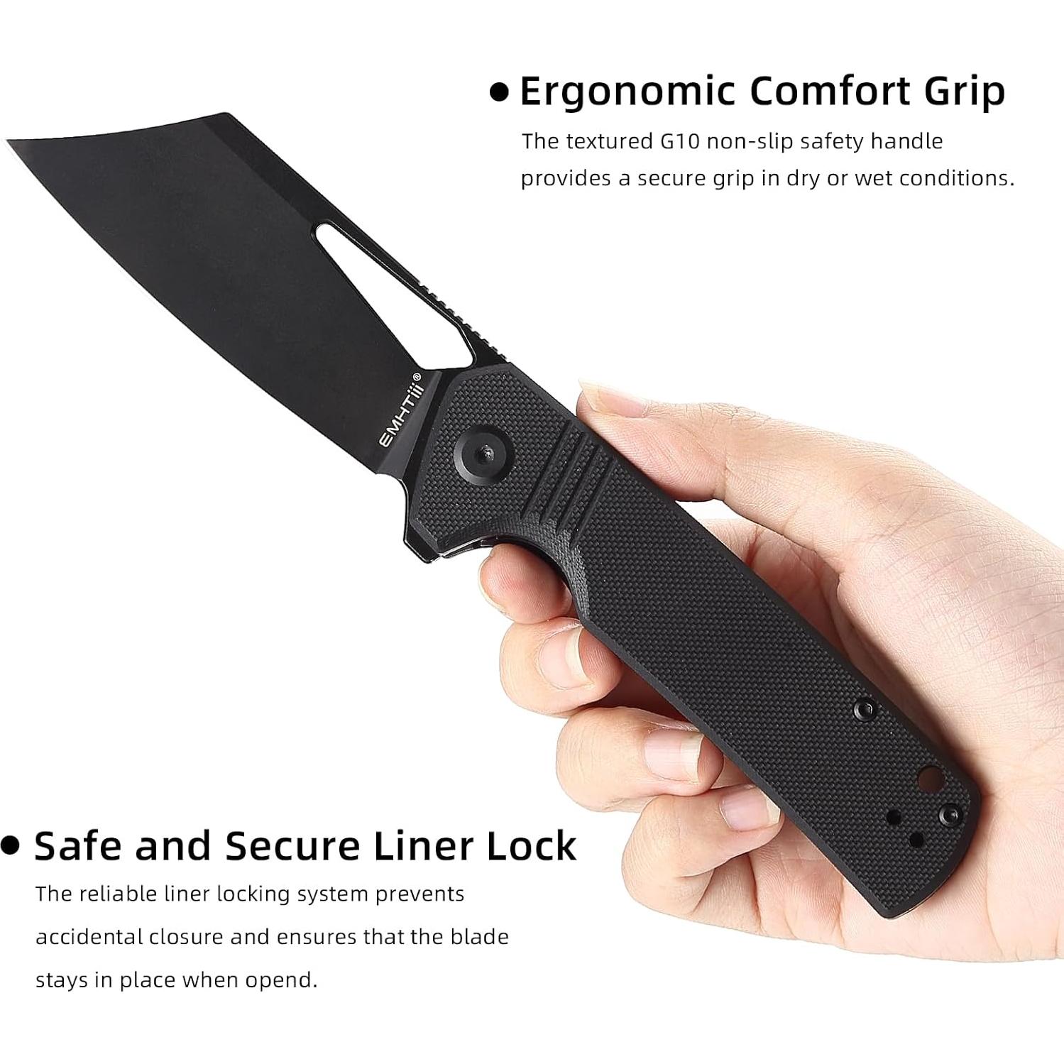 Cuchillo Plegable EMHTiii de Acero D2 9cm Hoja Negra EDC