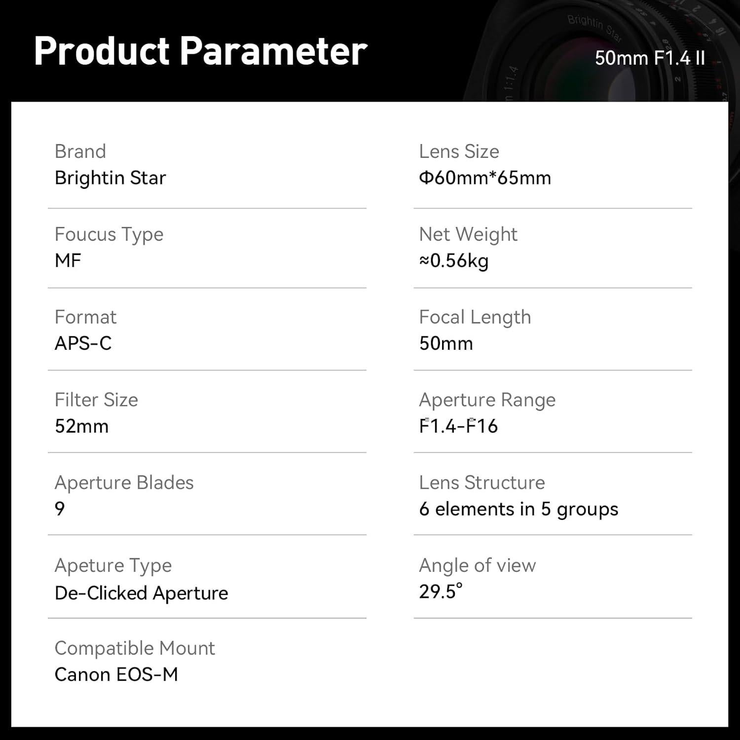 Lente 50mm F1.4 Manual BRIGHTIN STAR para Canon EOS-M Negro