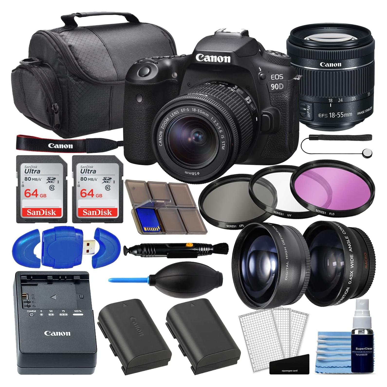 Canon EOS 90D DSLR Camera Bundle with EF-S 18-55mm f/4-5.6 is STM Lens + 2pc SanDisk 64GB Memory Cards + Wide Angle Lens + Telephoto Lens + 3pc Filter Kit + Deluxe Bag + Professional Kit