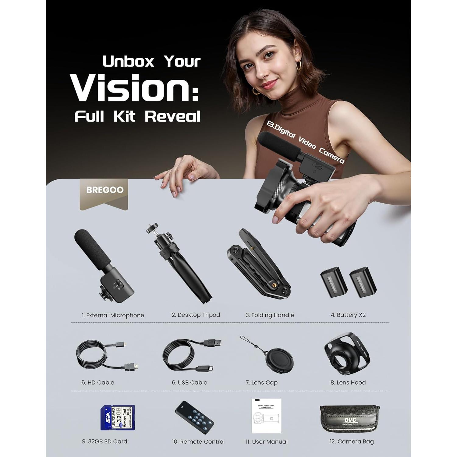 Cámara de Video 5K BREGOO con Pantalla Táctil 3" y Zoom 16X