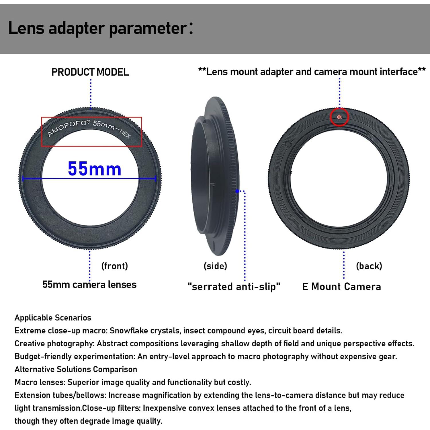 55mm to NEX Macro Lens Reverse Ring Compatible with for Sony A6500 A6300 A5100 A6000 A5000 A3000 A7RIII A9 A7III A7 A7s A7R A7II A7RII A7SII Camera,with 55mm Filter Thread Lens.Macro Shoot