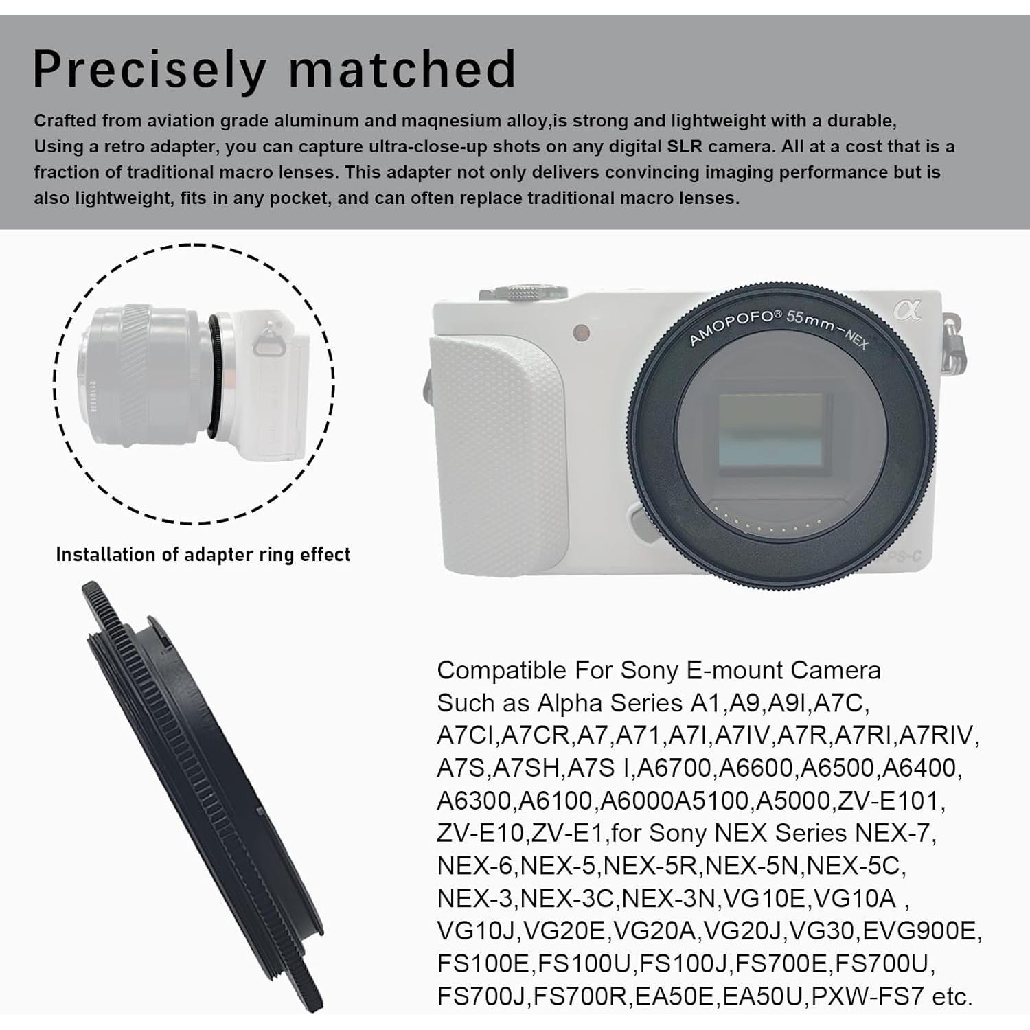 55mm to NEX Macro Lens Reverse Ring Compatible with for Sony A6500 A6300 A5100 A6000 A5000 A3000 A7RIII A9 A7III A7 A7s A7R A7II A7RII A7SII Camera,with 55mm Filter Thread Lens.Macro Shoot