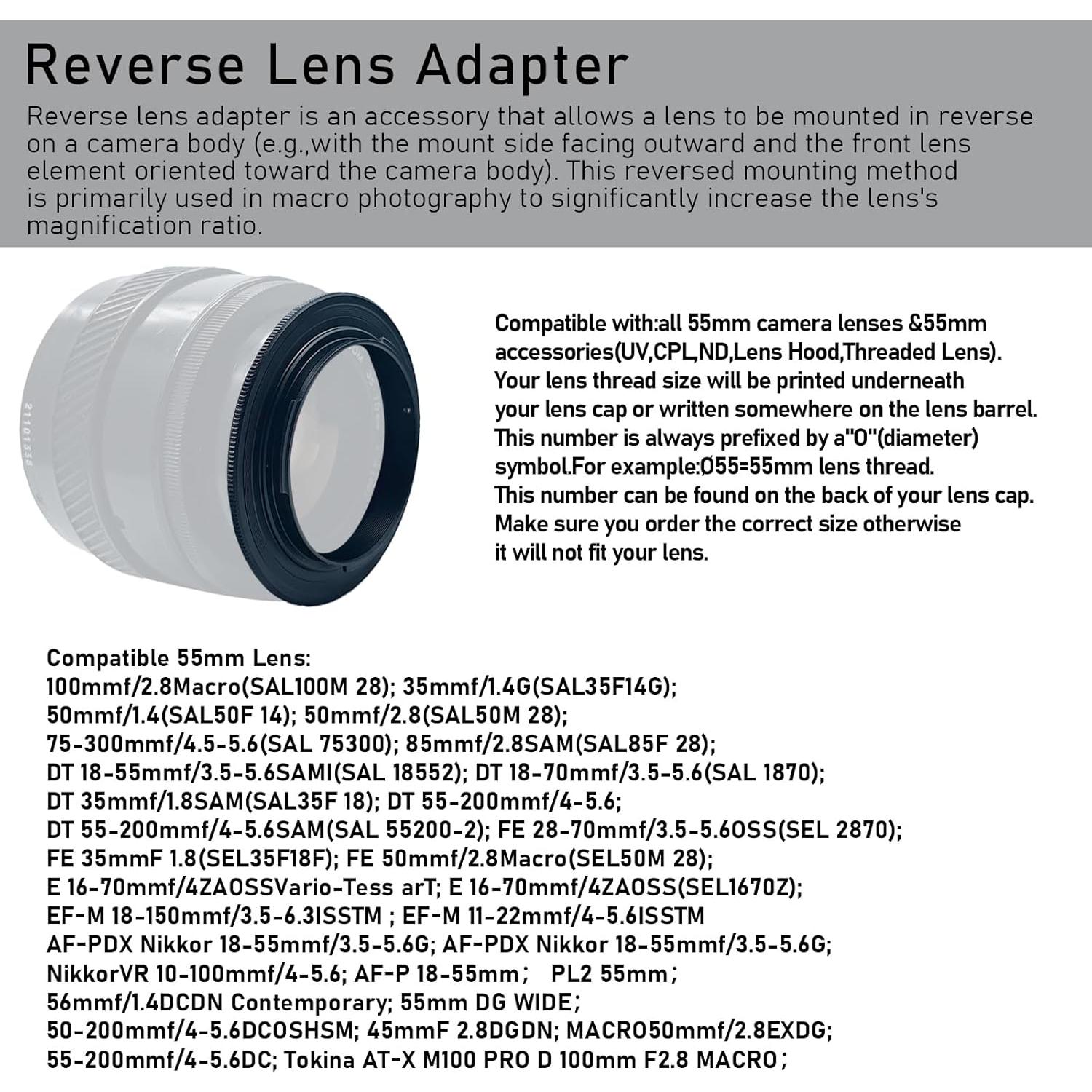 55mm to NEX Macro Lens Reverse Ring Compatible with for Sony A6500 A6300 A5100 A6000 A5000 A3000 A7RIII A9 A7III A7 A7s A7R A7II A7RII A7SII Camera,with 55mm Filter Thread Lens.Macro Shoot