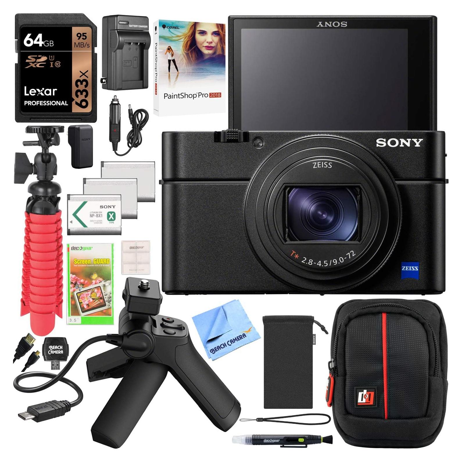 Sony Cyber-Shot RX100 VII RX100M7 Premium Compact Camera DSC-RX100M7 Vlogging Bundle with Shooting Grip Tripod VCT-SGR1, 64GB, 3X Battery + Deco Gear Travel Case Accessory Set & Photo Video Software