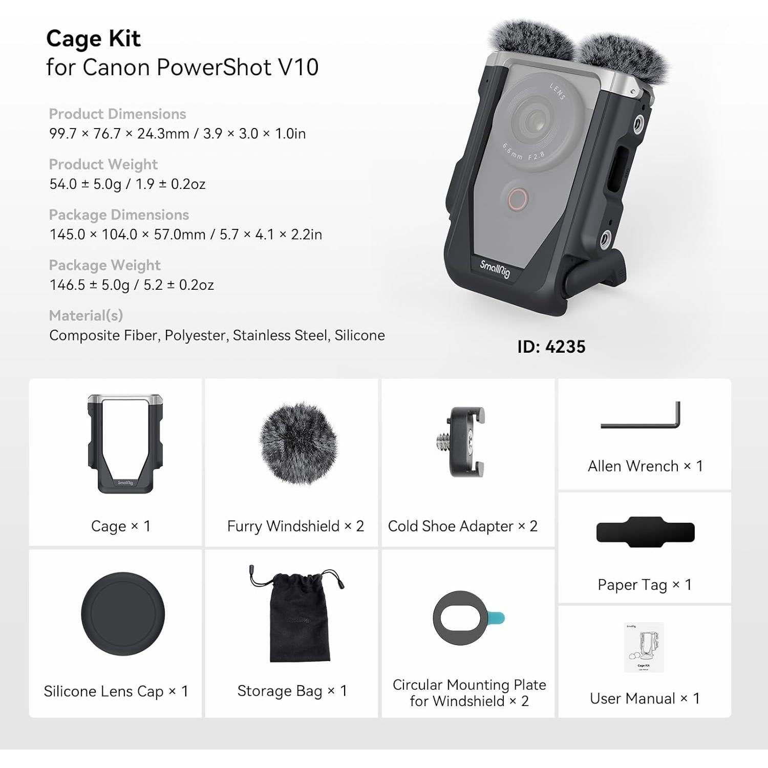 Kit de Jaula SmallRig 4235 para Canon PowerShot V10 con Pantallas de Viento