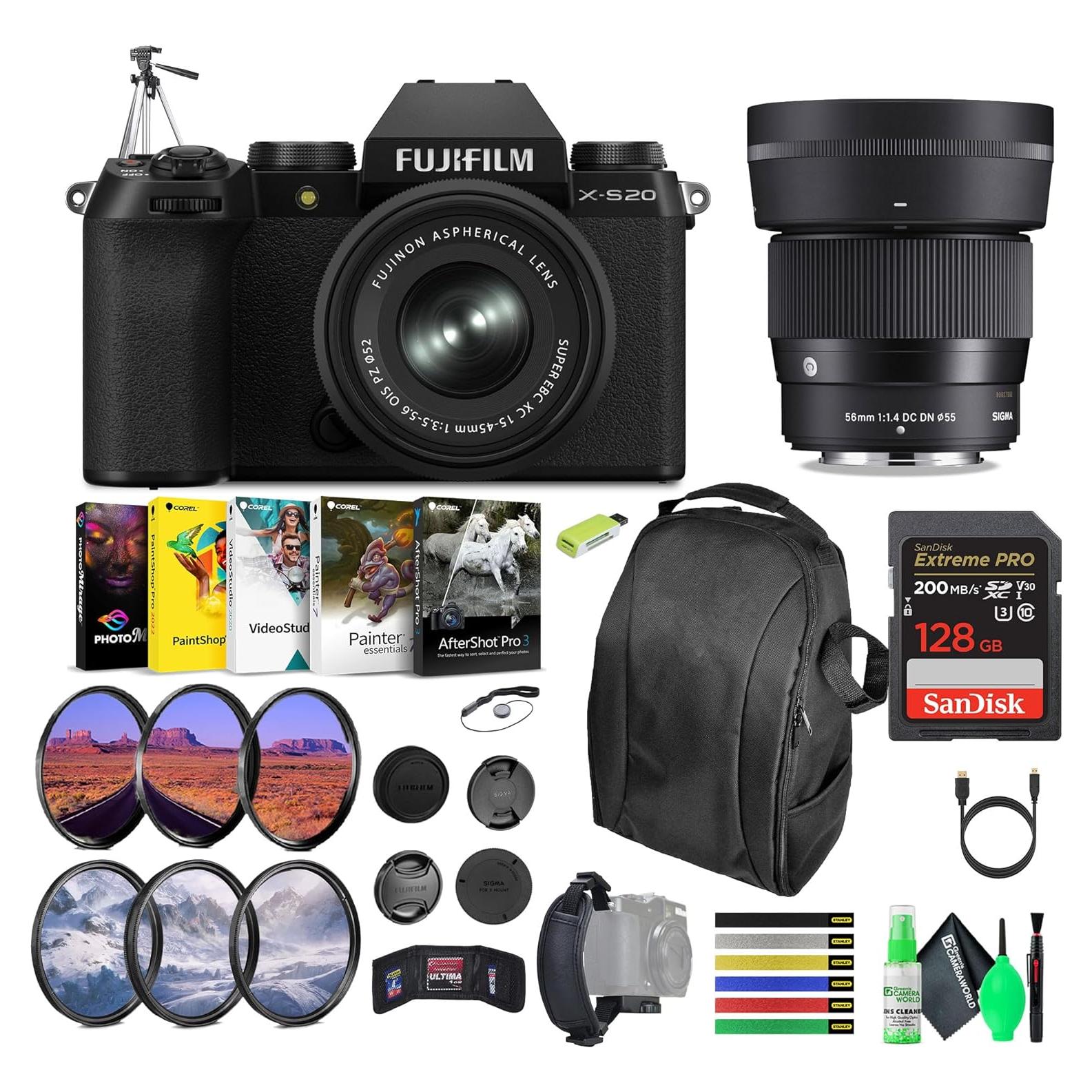 Cámara Sin Espejo Fujifilm X-S20 con Lente 15-45mm y Sigma 56mm