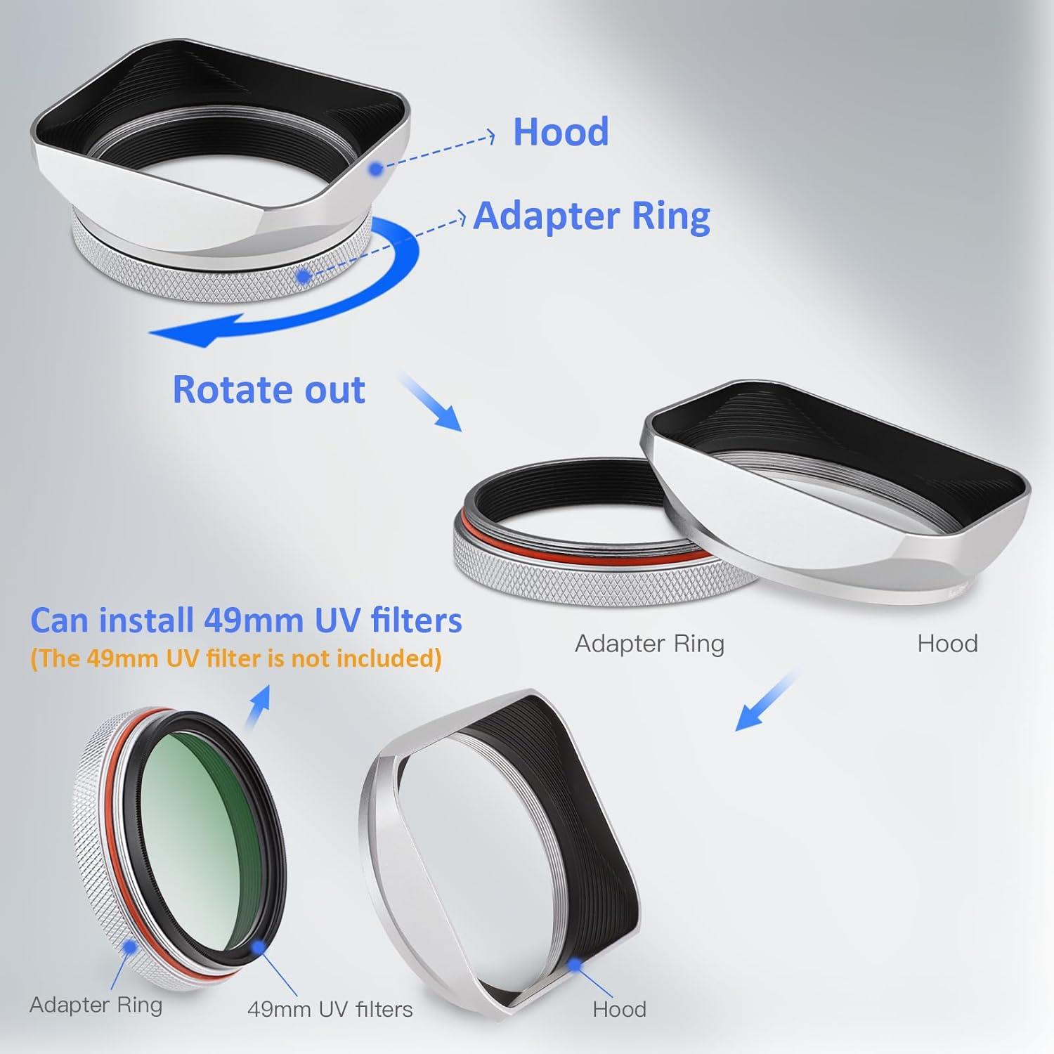 Capucha de lente metálica Haoge para Fujifilm X100VI con anillo adaptador 49mm