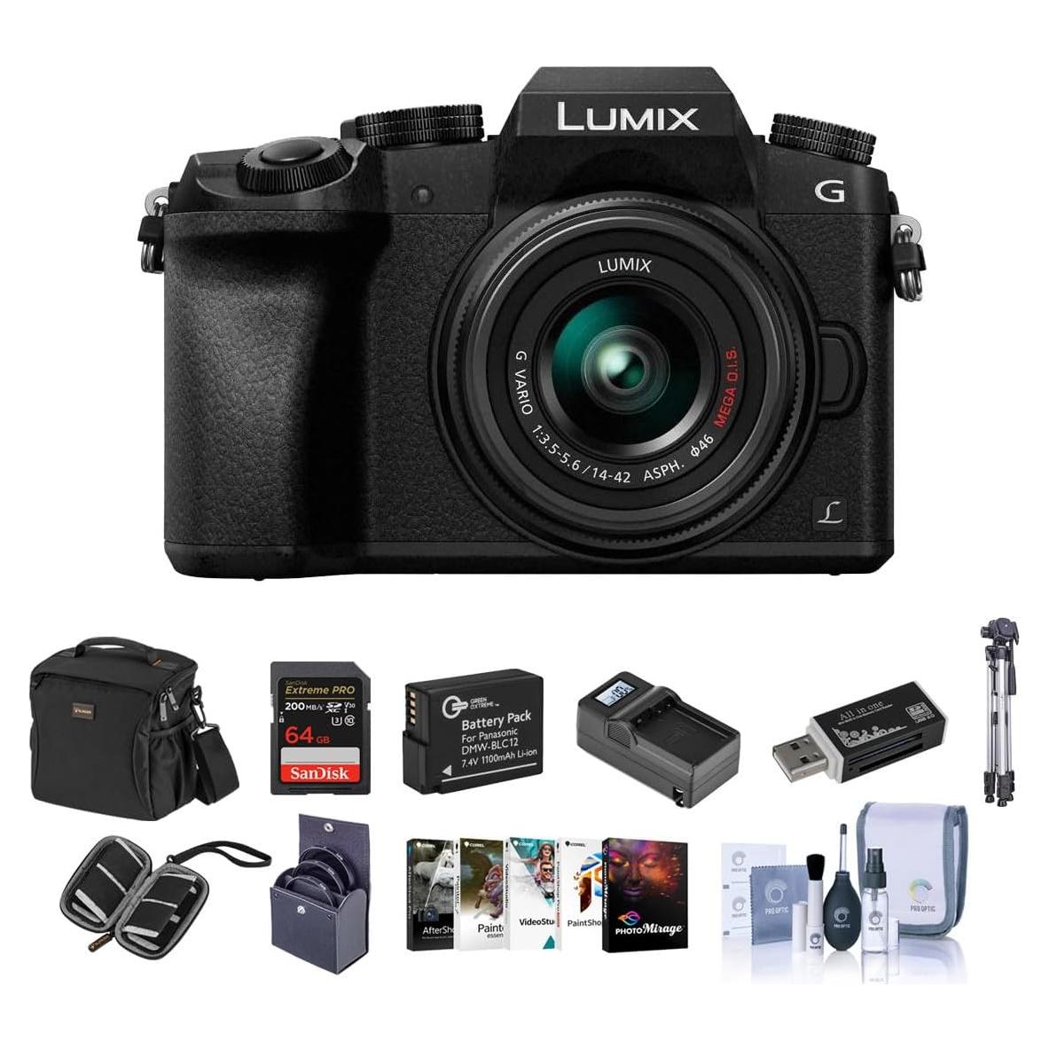 Panasonic LUMIX DMC-G7 Mirrorless Micro Four Thirds Camera with 14-42mm Lens, Black - Bundle with Camera Case, 64GB SDXC U3 Card, Spare Battery, Tripod, 46mm Filter Kit, Software Package, and More