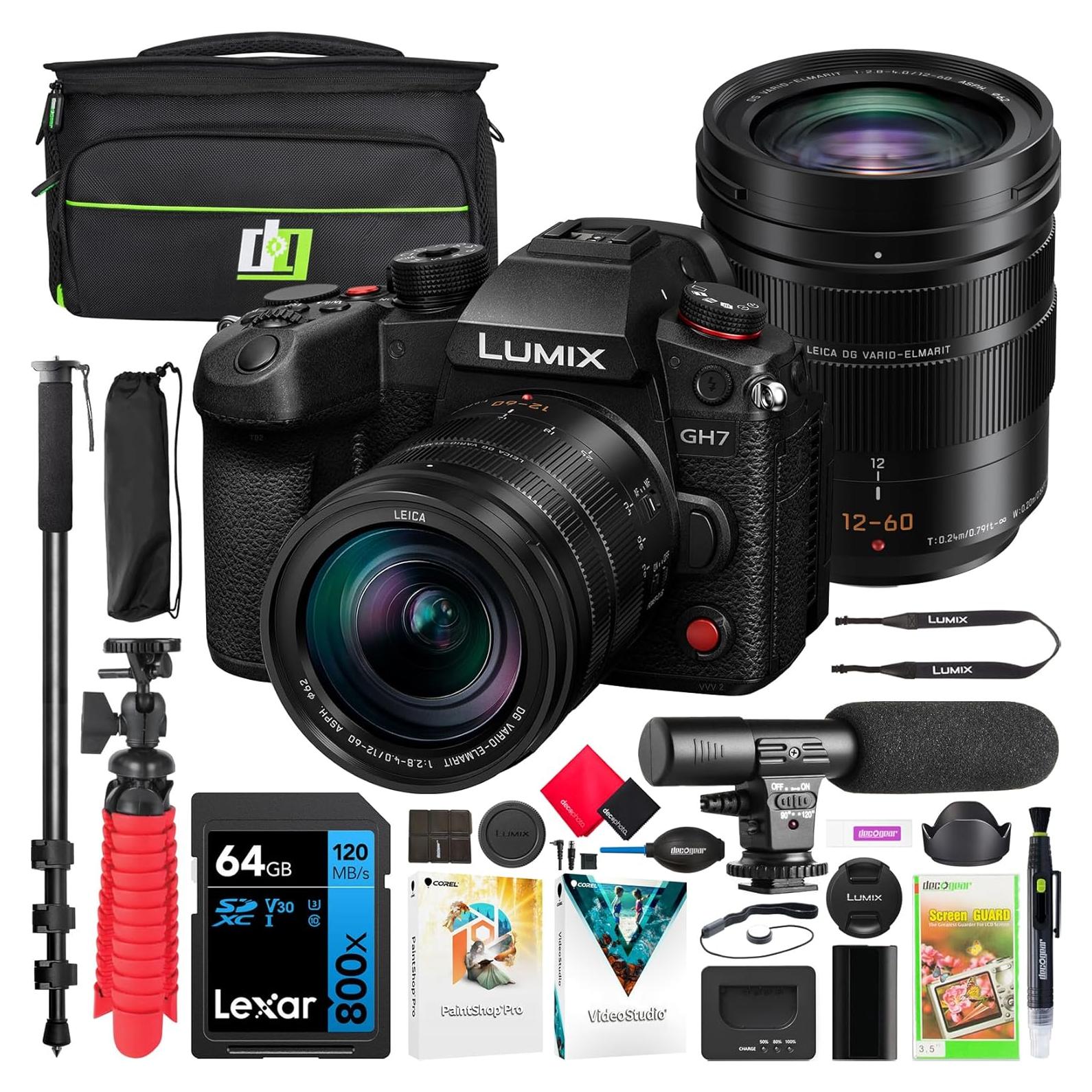 Panasonic LUMIX GH7 Mirrorless Micro Four Thirds Camera with 12-60mm F2.8-4.0 Lens DC-GH7LK Bundle with Deco Gear Photography Bag + Microphone + Monopod + 64GB Card + Software Kit and Accessories