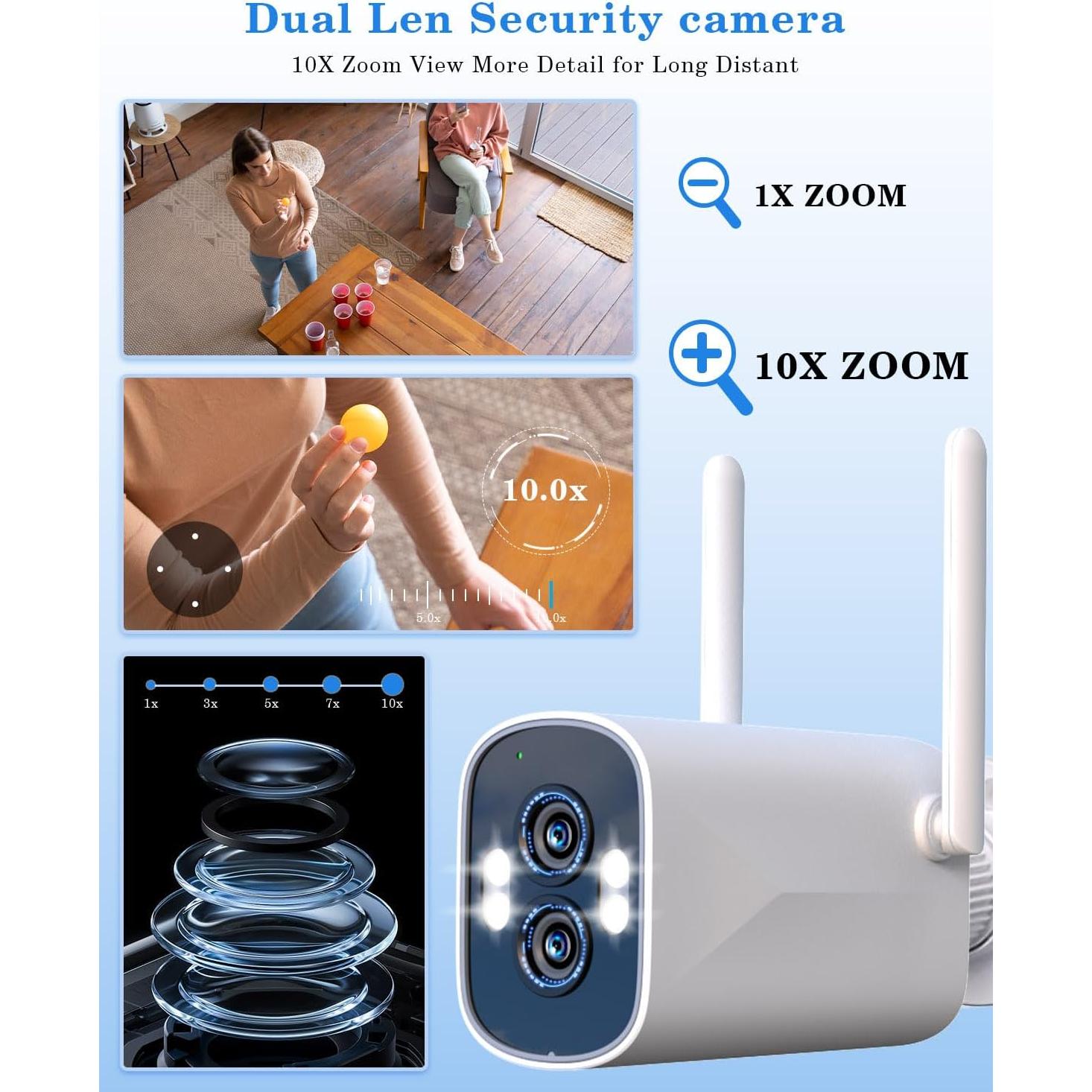 Sistema de Cámara de Seguridad Inalámbrica ZHXINSD 2K Doble Lente 10X