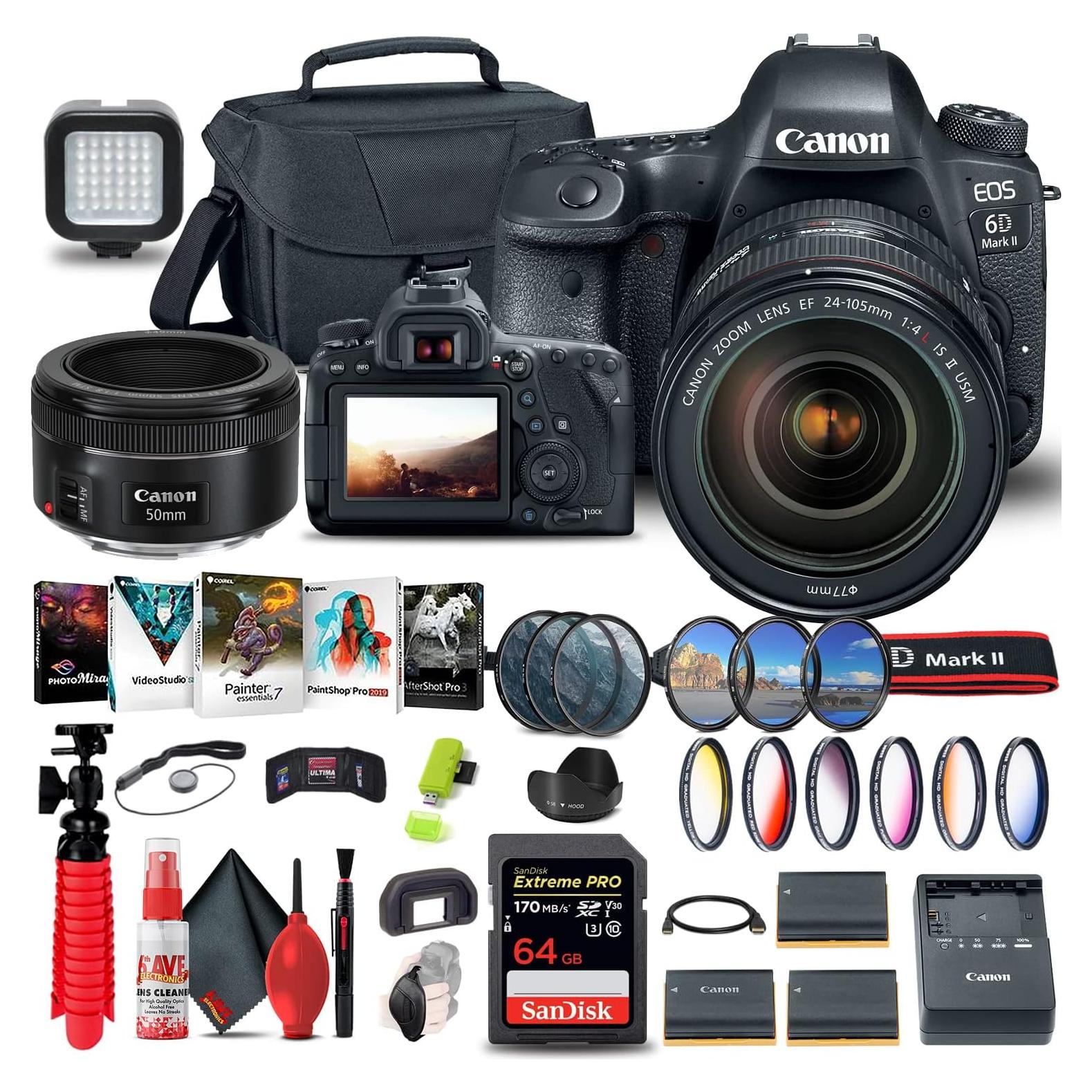 Canon EOS 6D Mark II DSLR Camera with 24-105mm f/4L II Lens (1897C009) + Canon EF 50mm Lens + 64GB Memory Card + Color Filter Kit + Case + Corel Photo Software + 2 x LPE6 Battery + More (Renewed)
