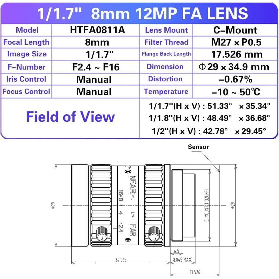 Lente Industrial 12MP 8mm f/2.4 HUATENG VISION Manual