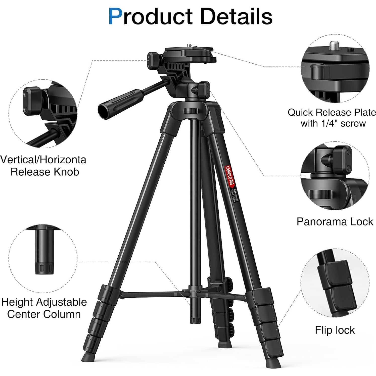 Trípode de Cámara CAMOLO Altura Ajustable 43.2 a 170.8 cm