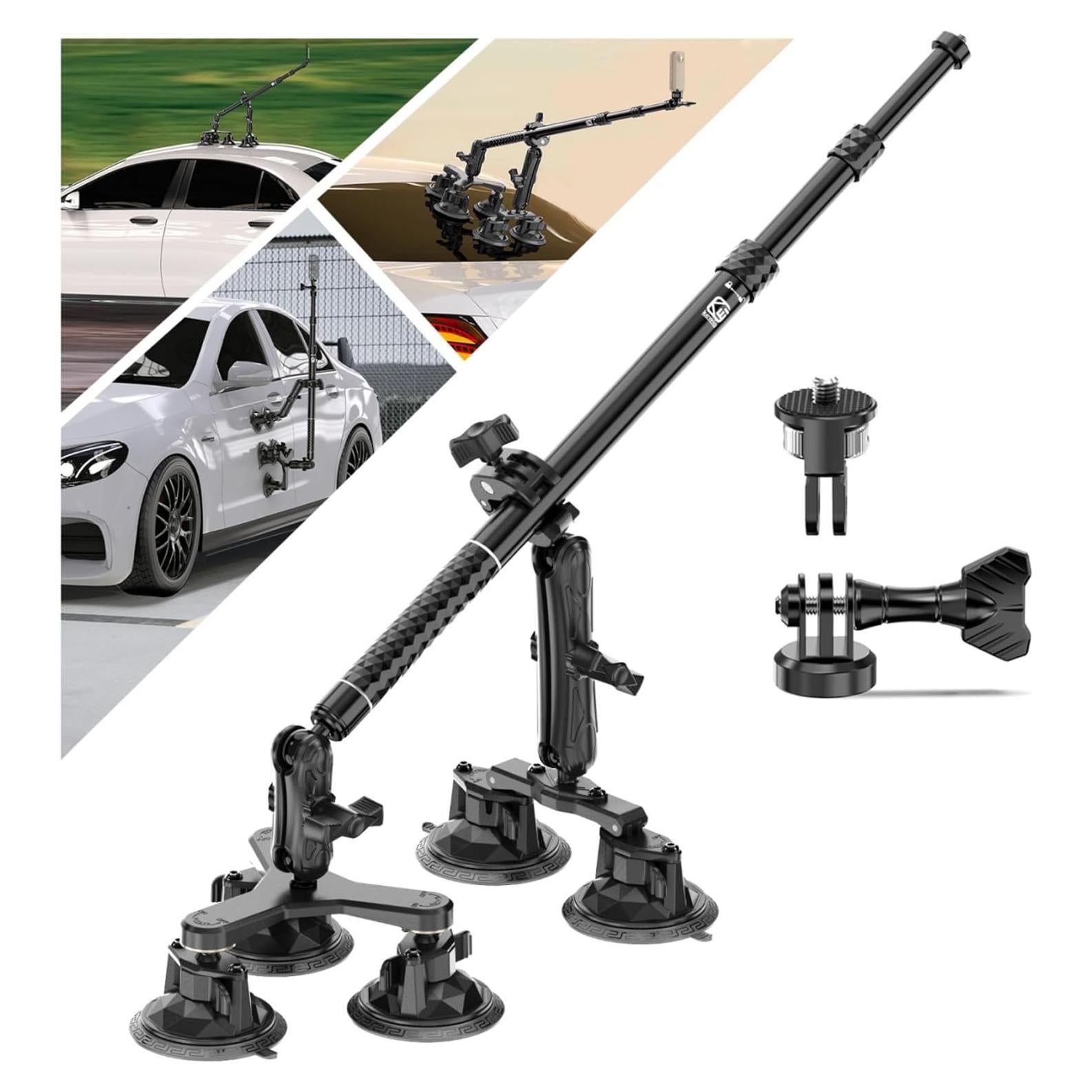 Suction Cup Car Mount - Aluminum Alloy Extendable Selfie Stick, Five 3.5" Large Suction Cup Car Windshield Camera Mount with Tripod Adapter Compatible with GoPro Insta360 DJI Action Cameras
