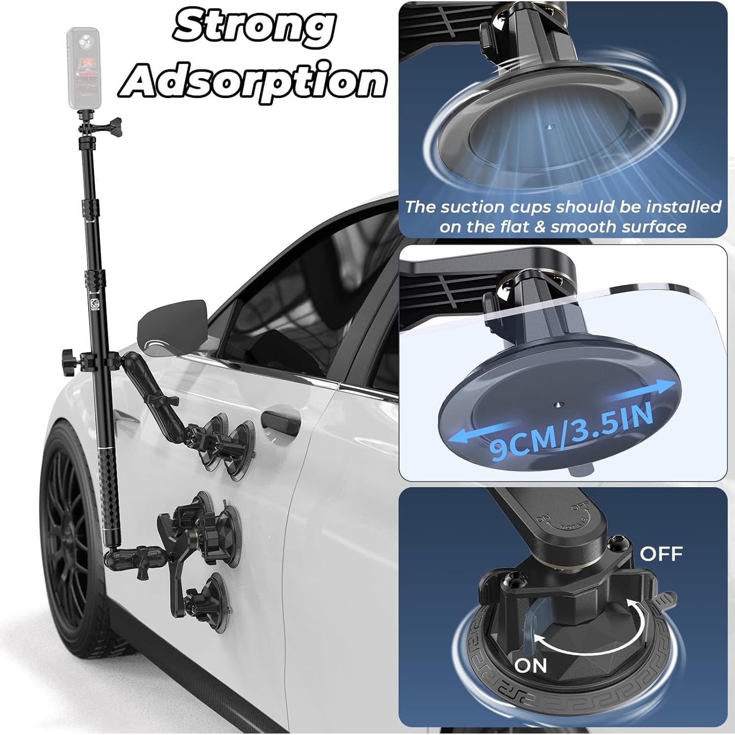 Suction Cup Car Mount - Aluminum Alloy Extendable Selfie Stick, Five 3.5" Large Suction Cup Car Windshield Camera Mount with Tripod Adapter Compatible with GoPro Insta360 DJI Action Cameras