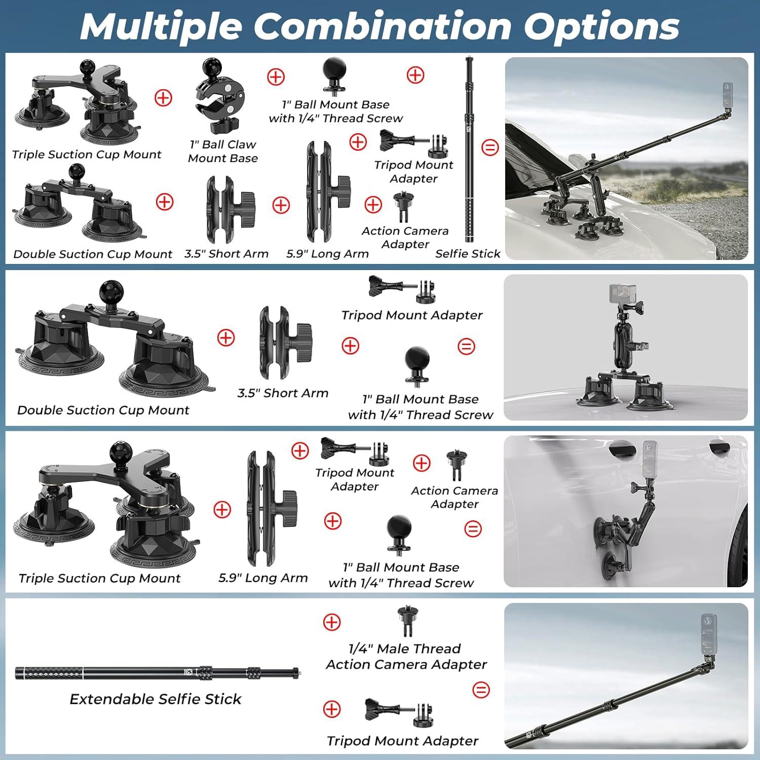 Suction Cup Car Mount - Aluminum Alloy Extendable Selfie Stick, Five 3.5" Large Suction Cup Car Windshield Camera Mount with Tripod Adapter Compatible with GoPro Insta360 DJI Action Cameras