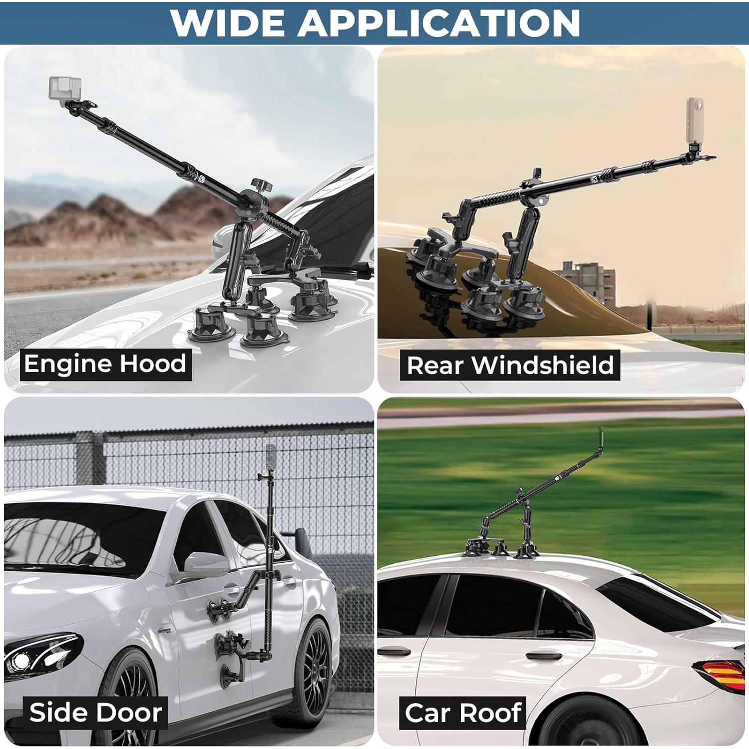 Suction Cup Car Mount - Aluminum Alloy Extendable Selfie Stick, Five 3.5" Large Suction Cup Car Windshield Camera Mount with Tripod Adapter Compatible with GoPro Insta360 DJI Action Cameras