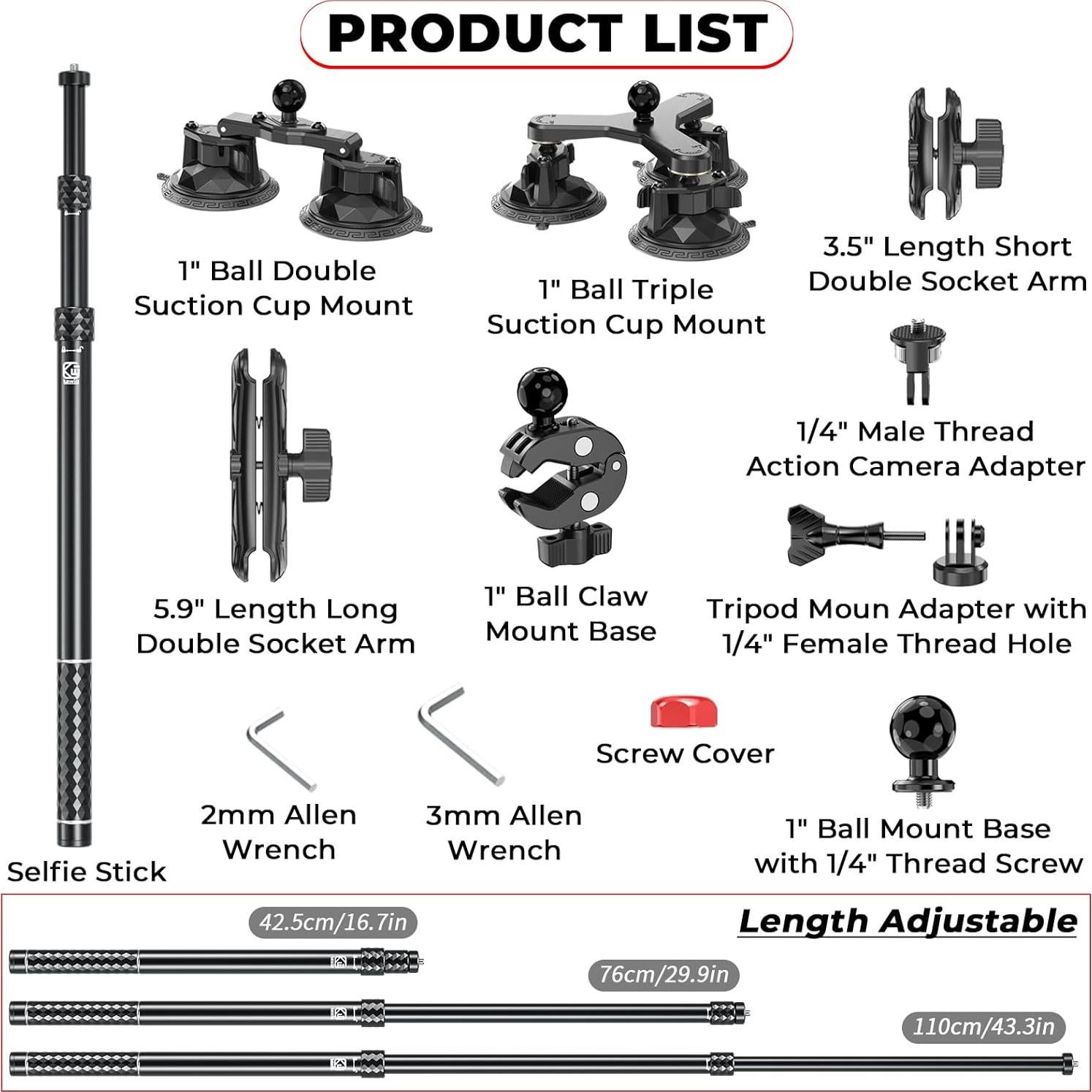 Suction Cup Car Mount - Aluminum Alloy Extendable Selfie Stick, Five 3.5" Large Suction Cup Car Windshield Camera Mount with Tripod Adapter Compatible with GoPro Insta360 DJI Action Cameras