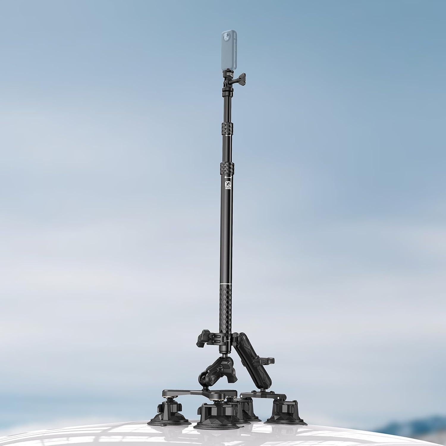 Suction Cup Car Mount - Aluminum Alloy Extendable Selfie Stick, Five 3.5" Large Suction Cup Car Windshield Camera Mount with Tripod Adapter Compatible with GoPro Insta360 DJI Action Cameras