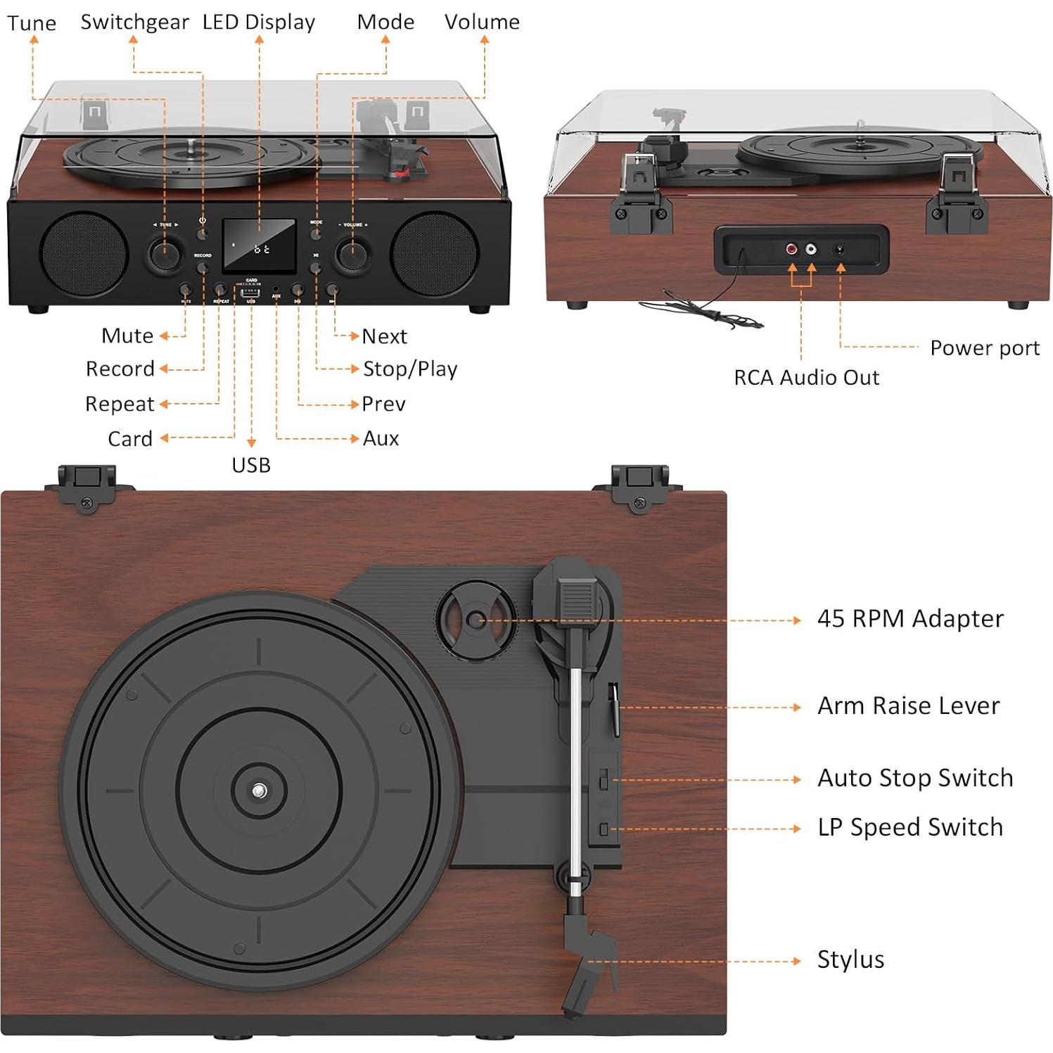 Tocadiscos Vintage JUNGLE MONSTER TE-103BN 3 Velocidades Bluetooth