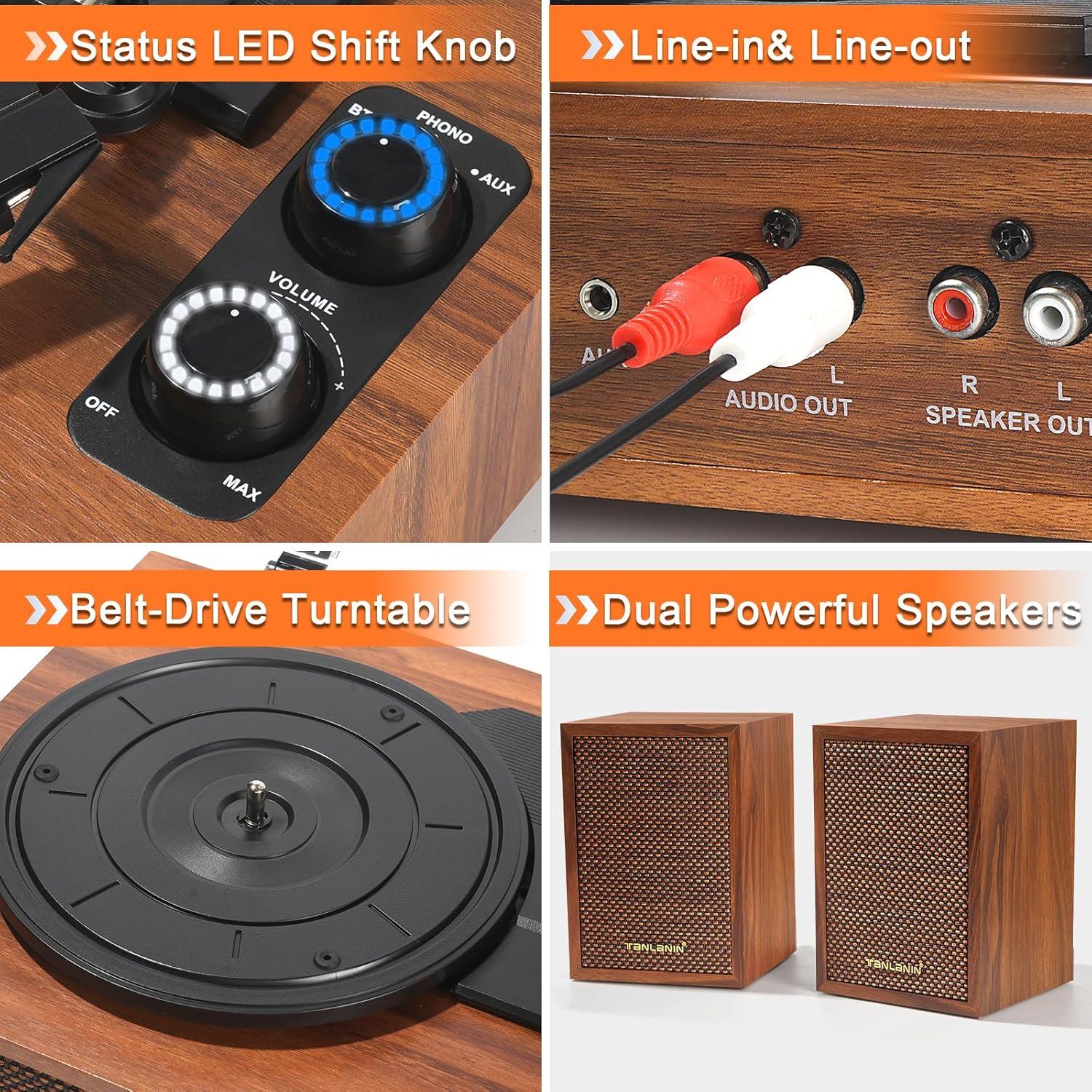 Reproductor de Vinilo TANLANIN TE-2028BR Madera 3 Velocidades