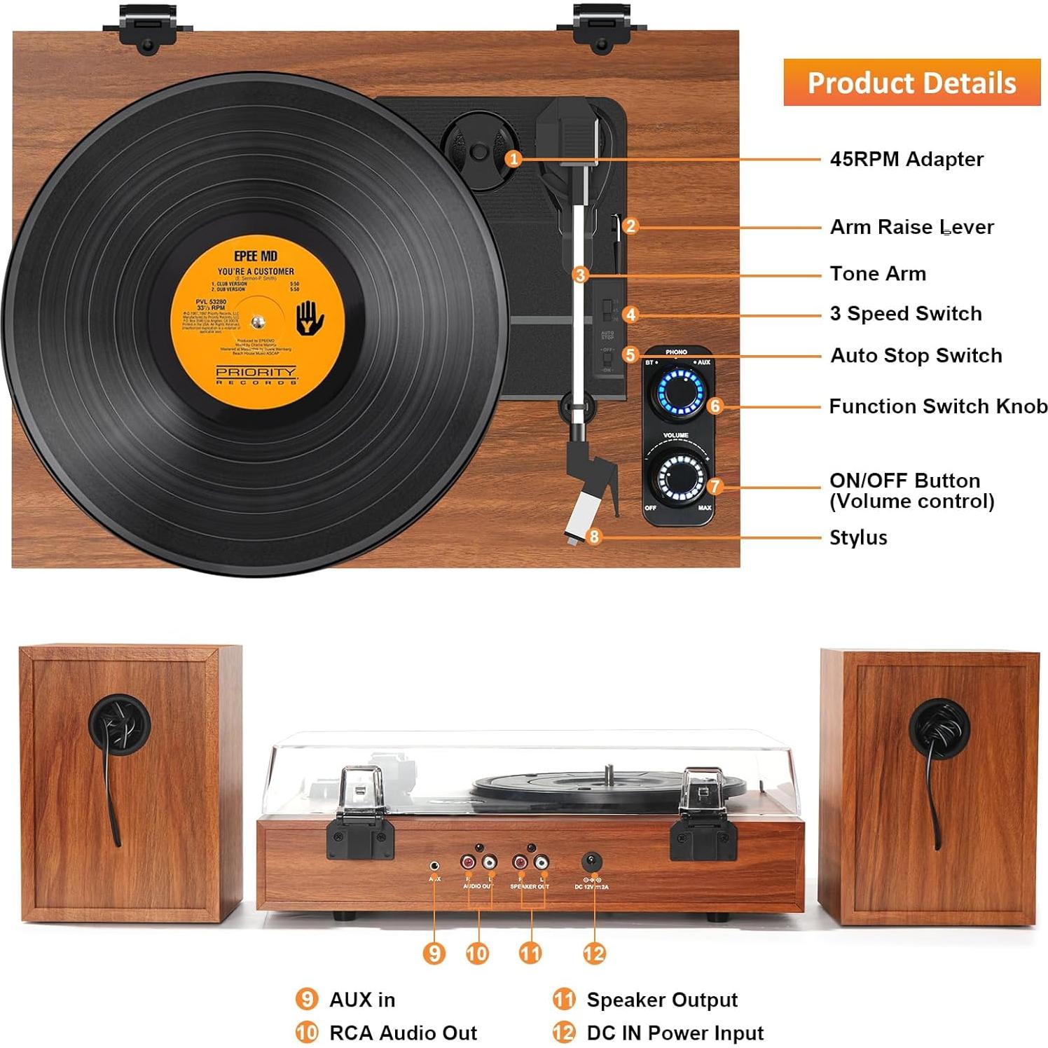 Reproductor de Vinilo TANLANIN TE-2028BR Madera 3 Velocidades