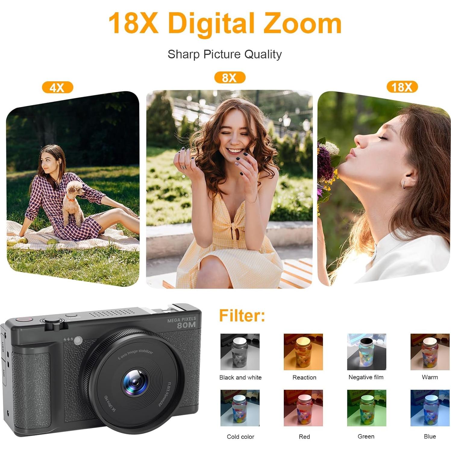 Cámara Digital Uziikl 5K UHD 80MP con Pantalla Flip 3"