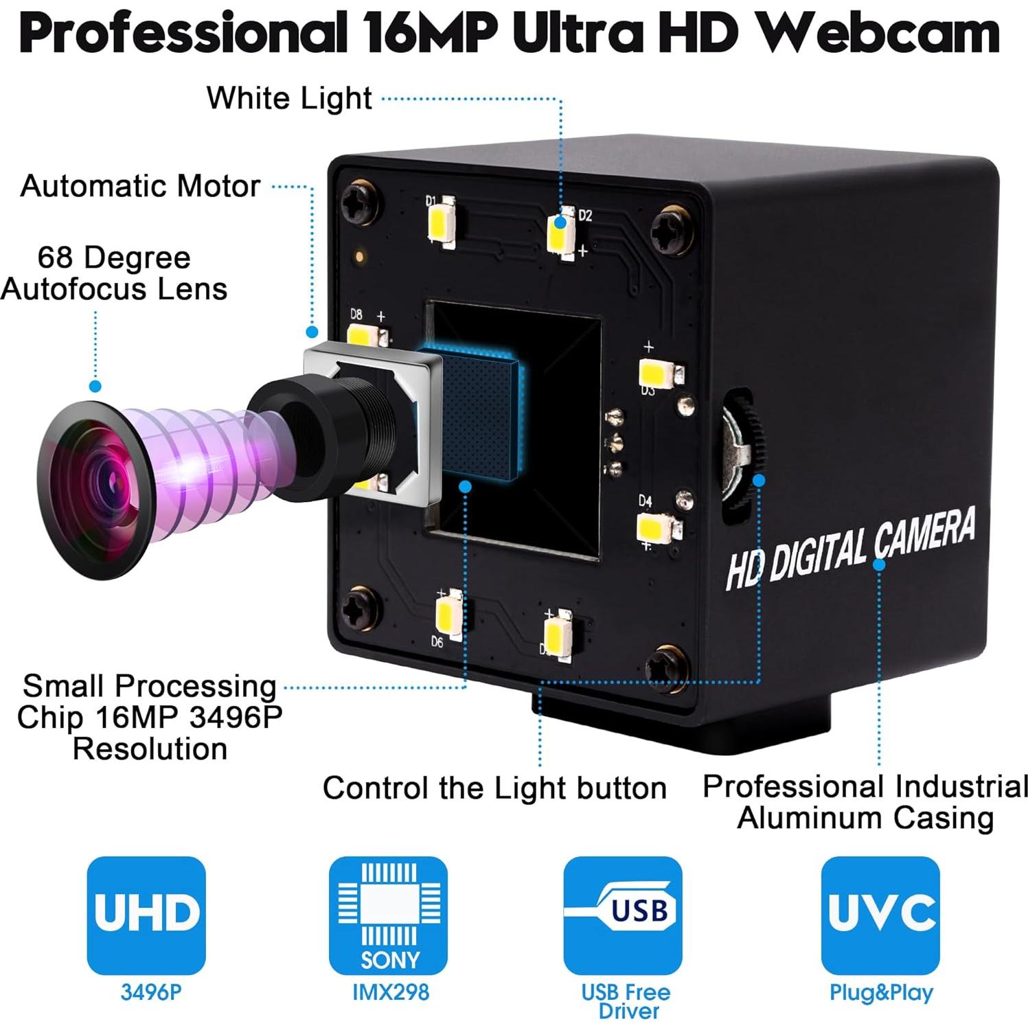 Cámara USB 16MP IFWATER Autofocus 68° Ultra HD Plug&Play