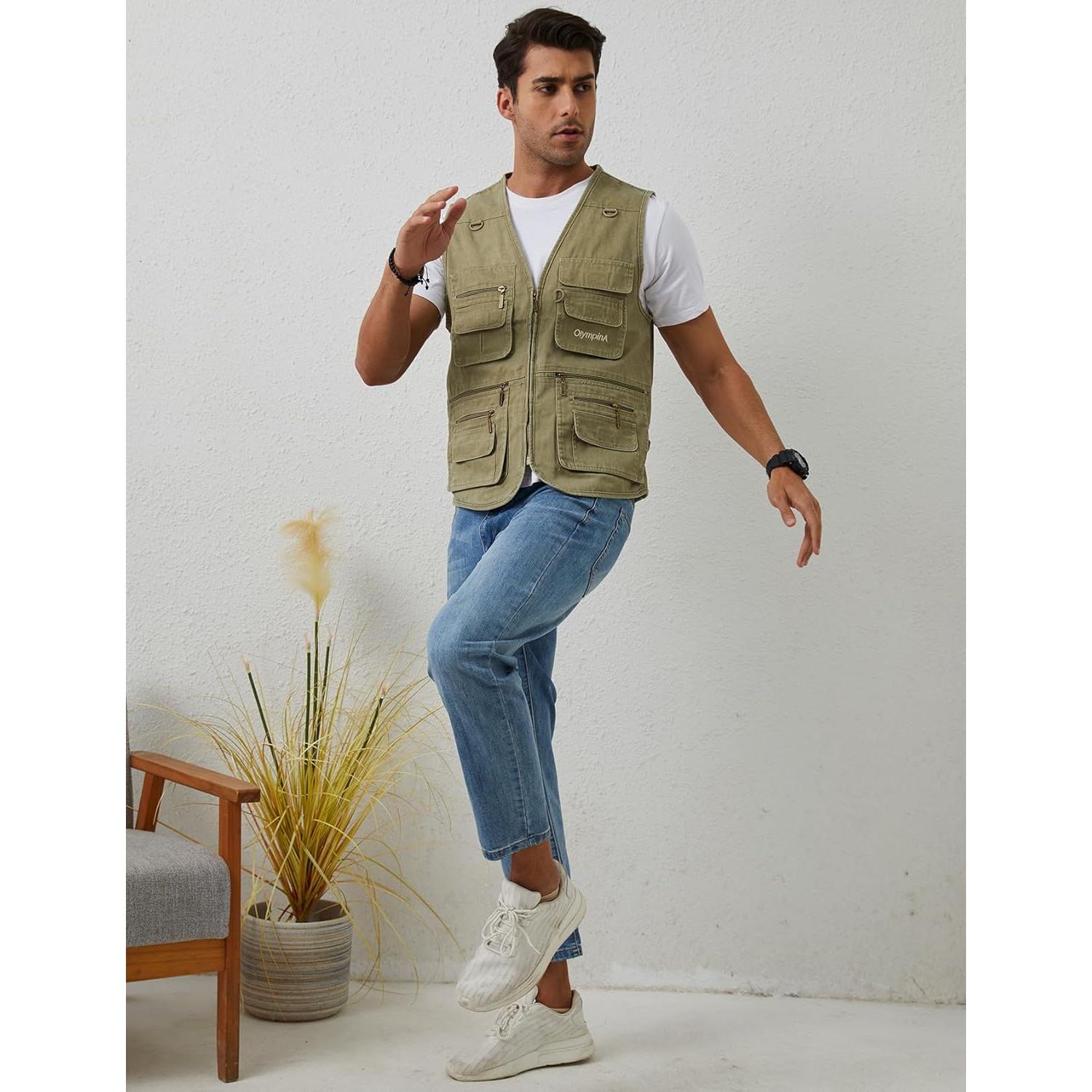 Chaleco de Pesca Gihuo para Hombres con 16 Bolsillos Beige