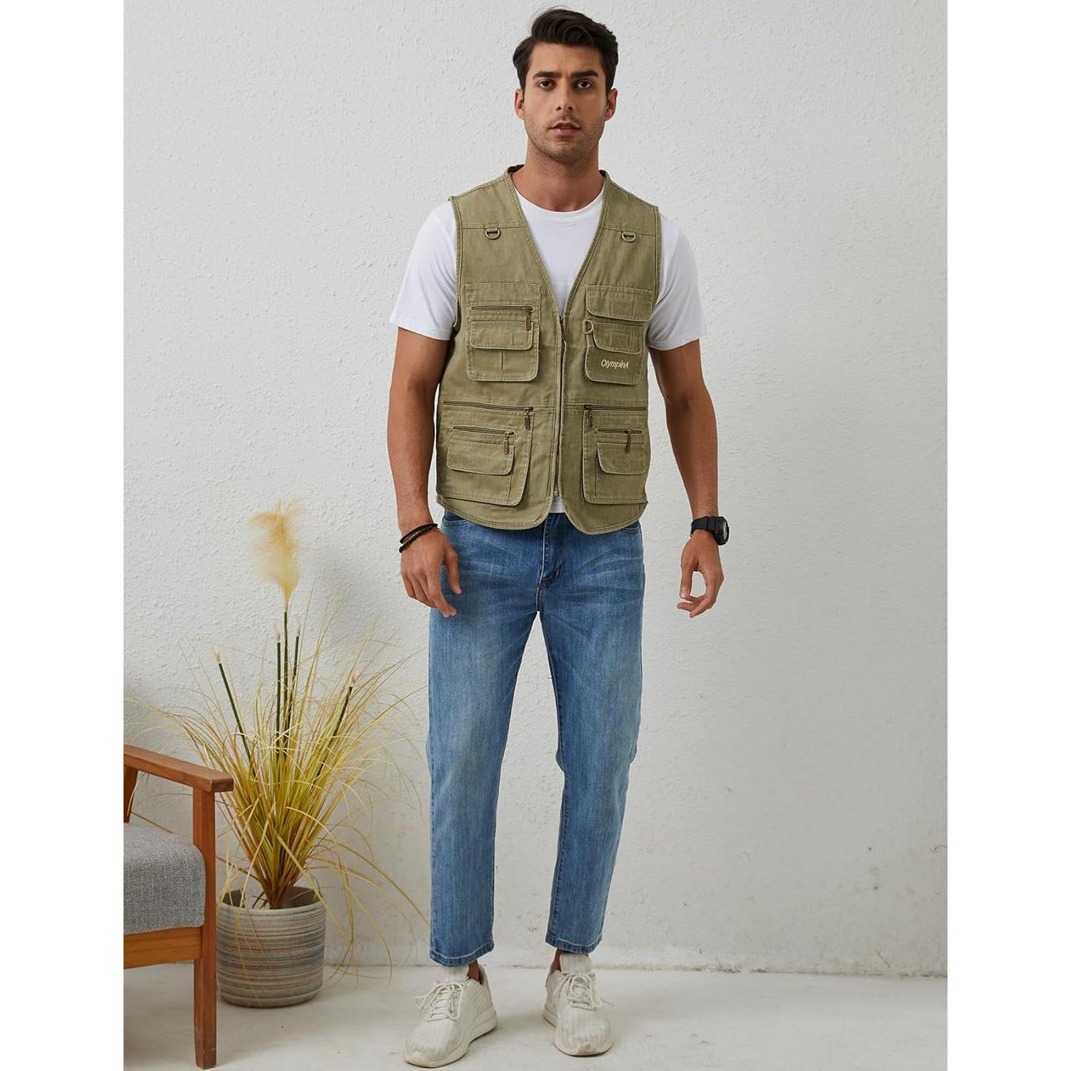 Chaleco de Pesca Gihuo para Hombres con 16 Bolsillos Beige