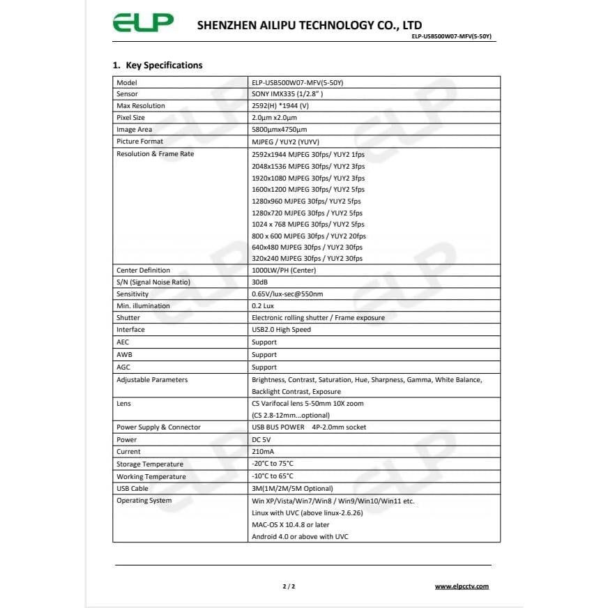 Cámara USB Industrial 5MP IFWATER con Lente 5-50mm 10X