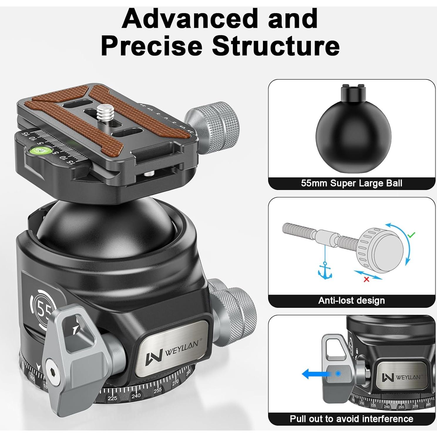 Cabezal de bola WEYLLAN KH55 55mm con liberación rápida Arca Swiss