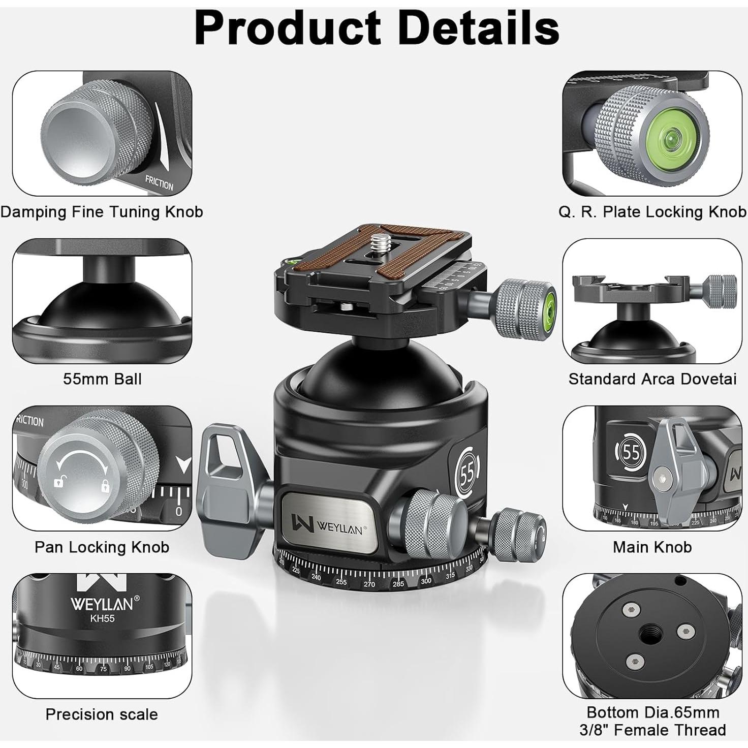 Cabezal de bola WEYLLAN KH55 55mm con liberación rápida Arca Swiss