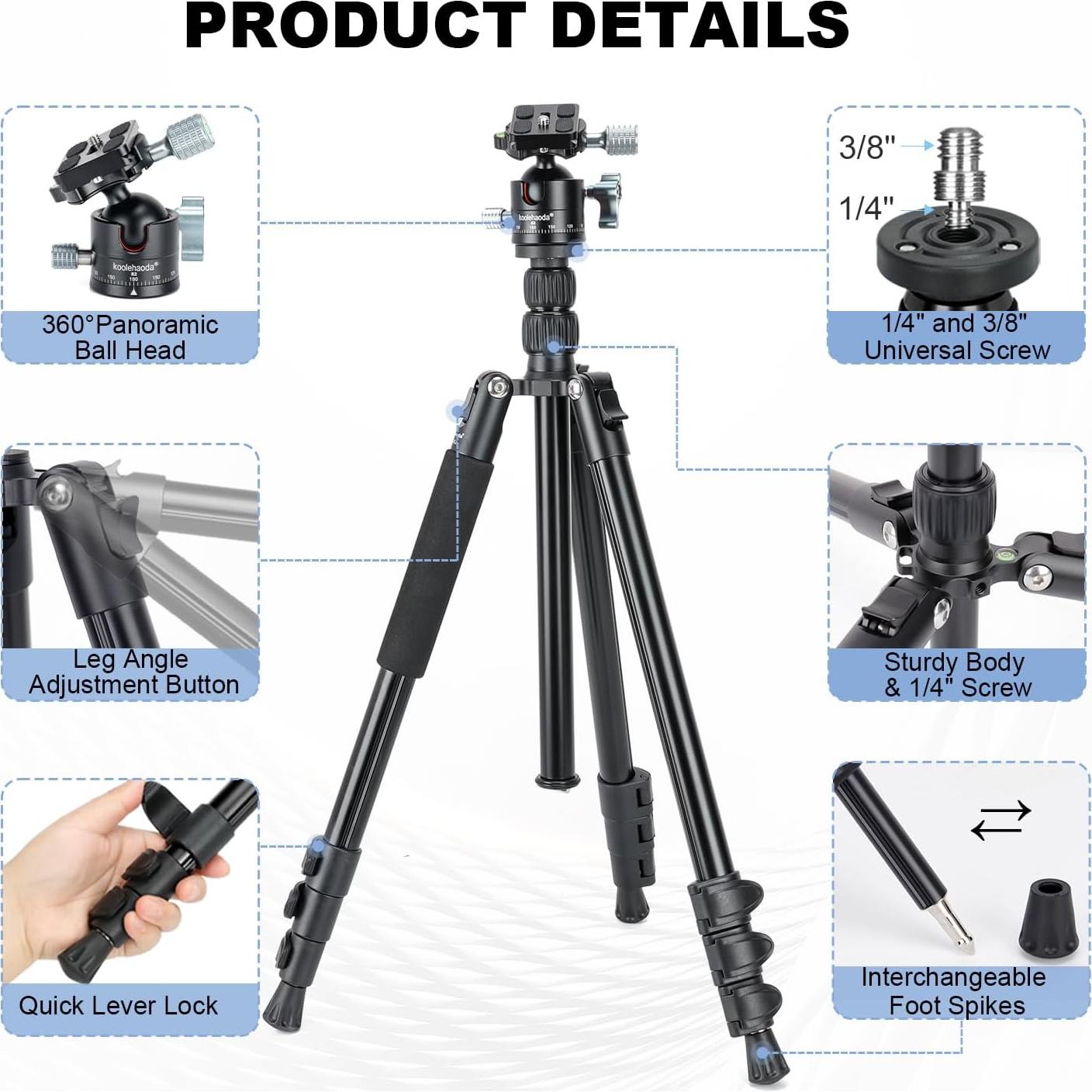 Trípode Koolehaoda 70" Aluminio Ligero Plegable 10kg