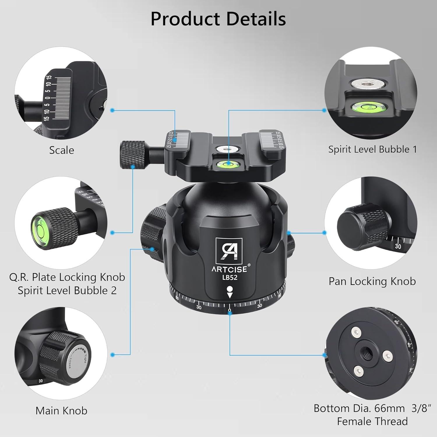 Cabezal de bola ARTCISE LB52 de 52 mm para trípode, carga 30 kg