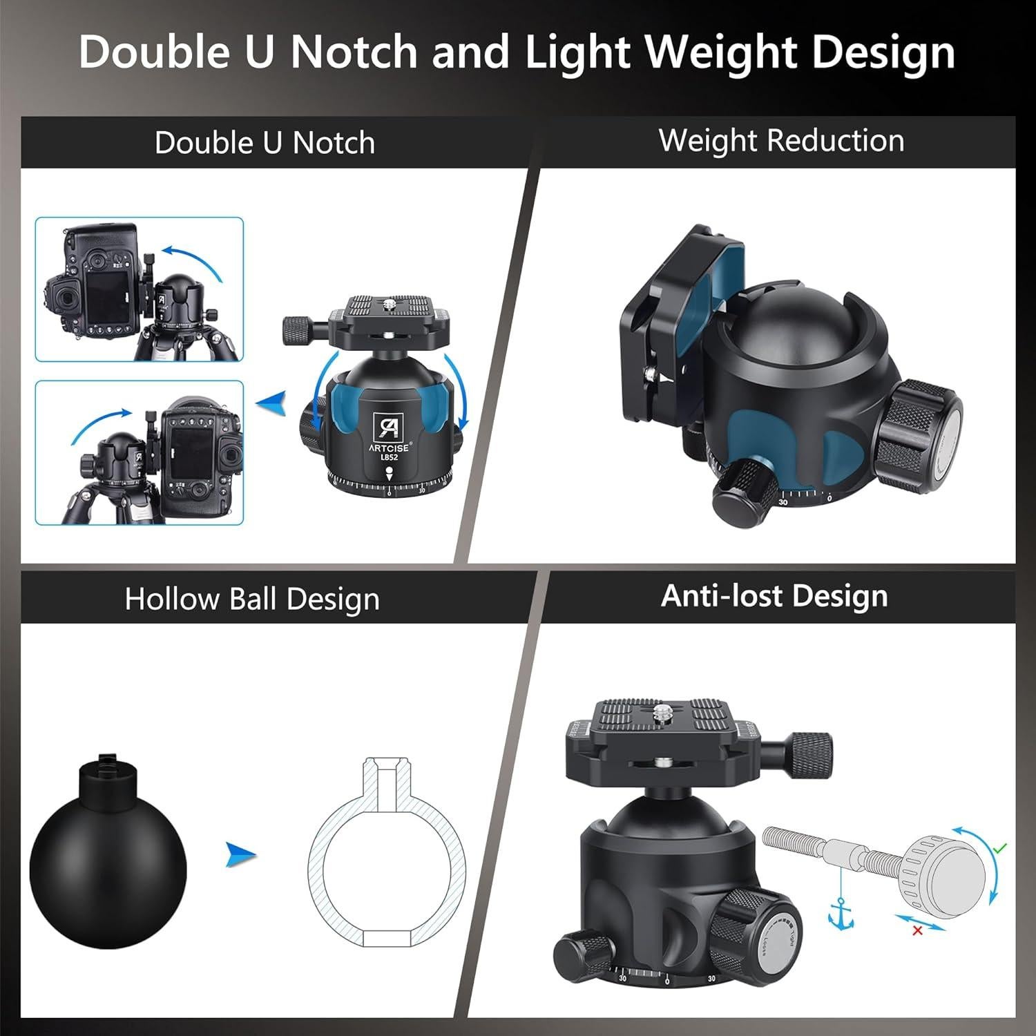 Cabezal de bola ARTCISE LB52 de 52 mm para trípode, carga 30 kg