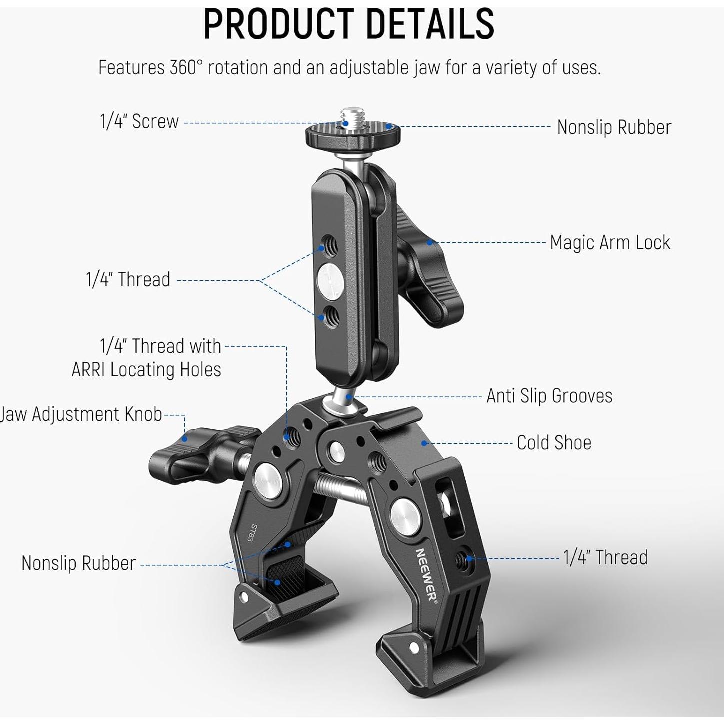 Soporte NEEWER Super Clamp con brazo mágico 7.62cm y micrófono