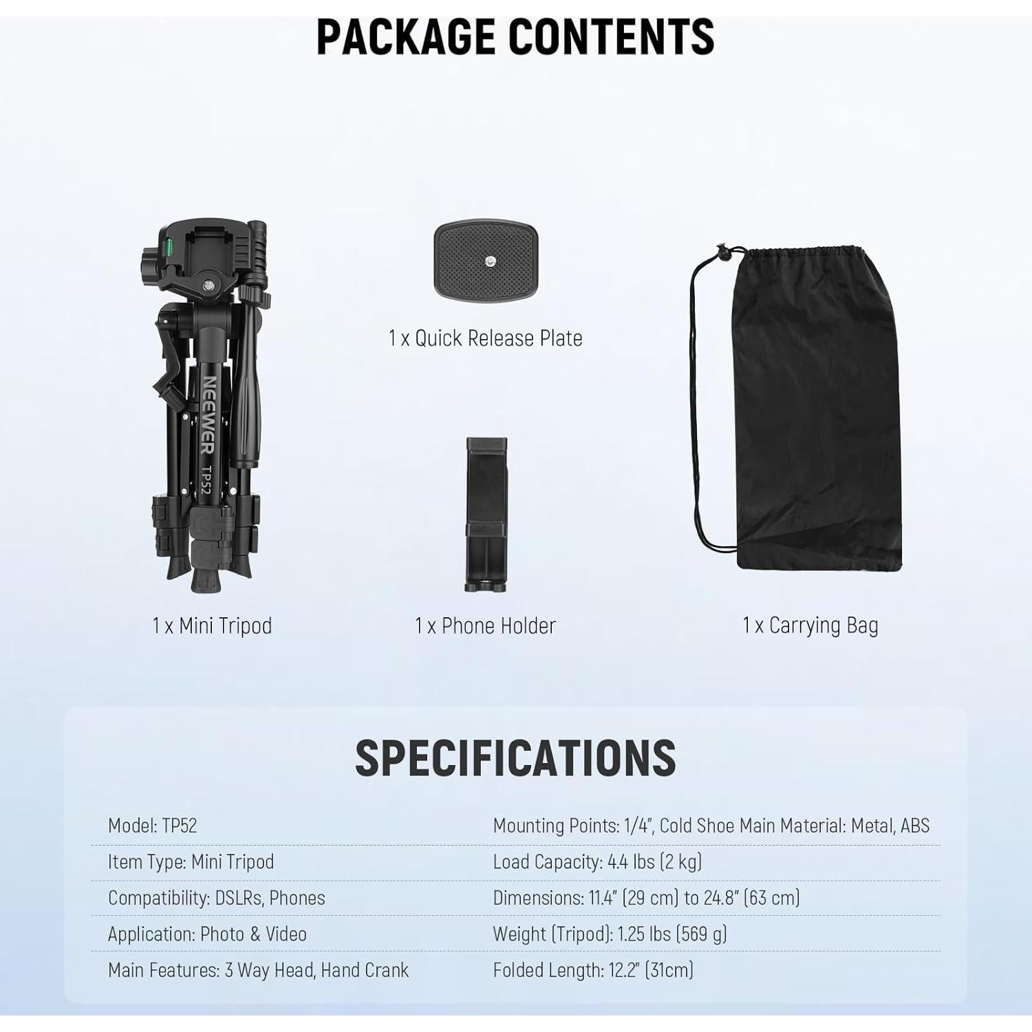 Trípode Mini de Escritorio NEEWER TP52 para Cámara y Smartphone