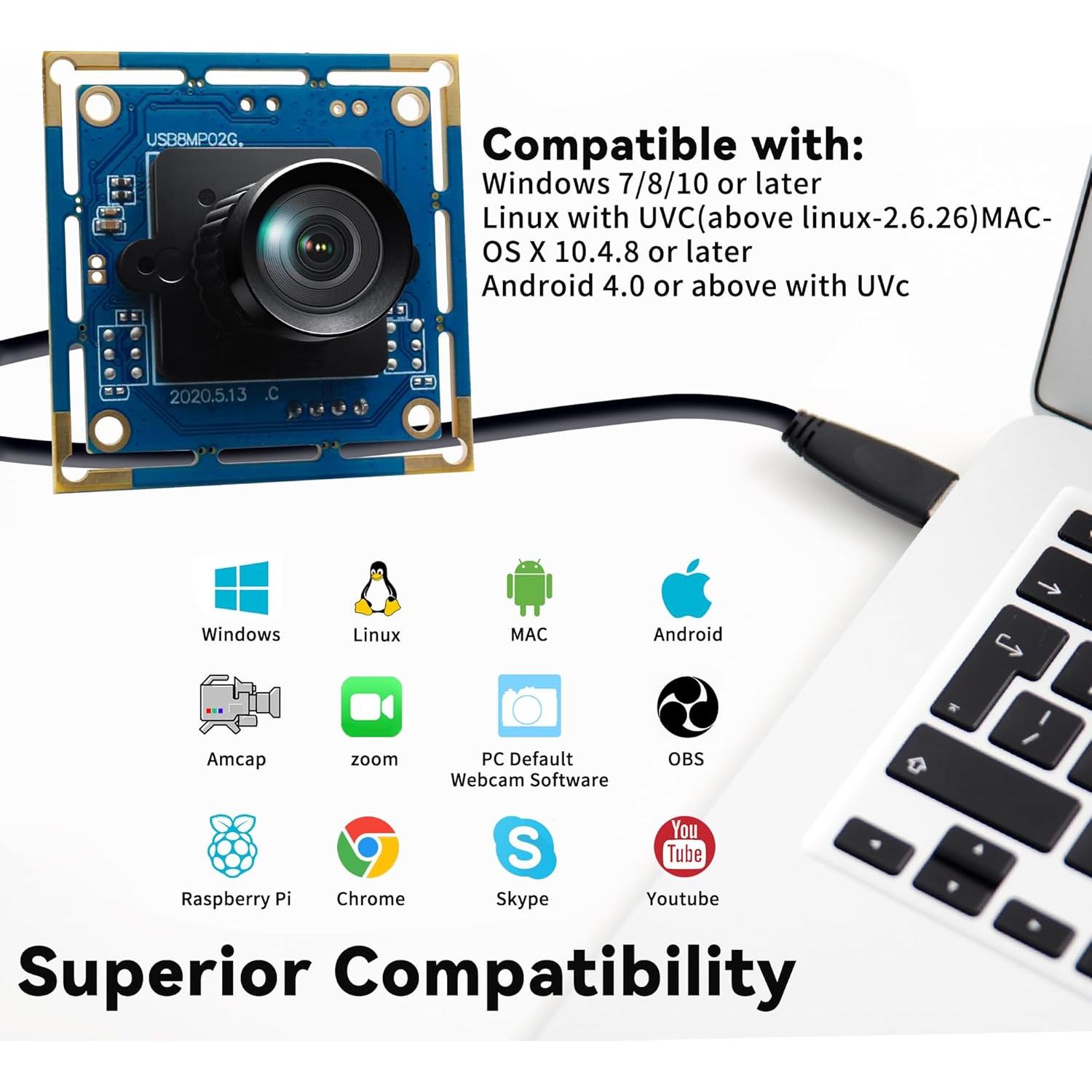 Módulo de Cámara USB 8MP ALPCAM Lente Sin Distorsión 75°