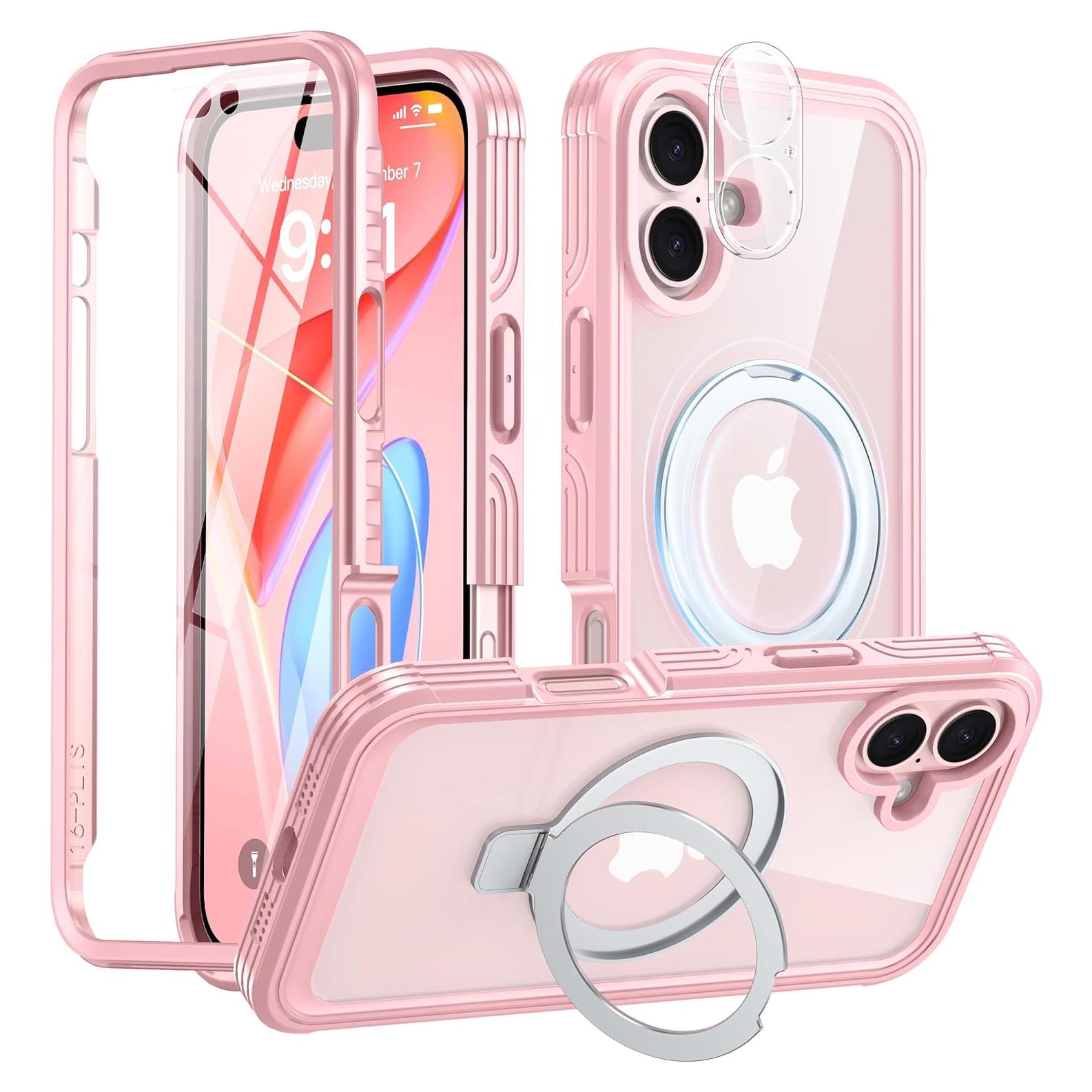 Oneagle Magnetic Stand for iPhone 16 Case [Fit for MagSafe], Real 360° Full Body Shockproof Case Built-in [9H Glass Screen Protector]+[Magnet Ring Kickstand],with Camera Protector Soft TPU Bumper Case