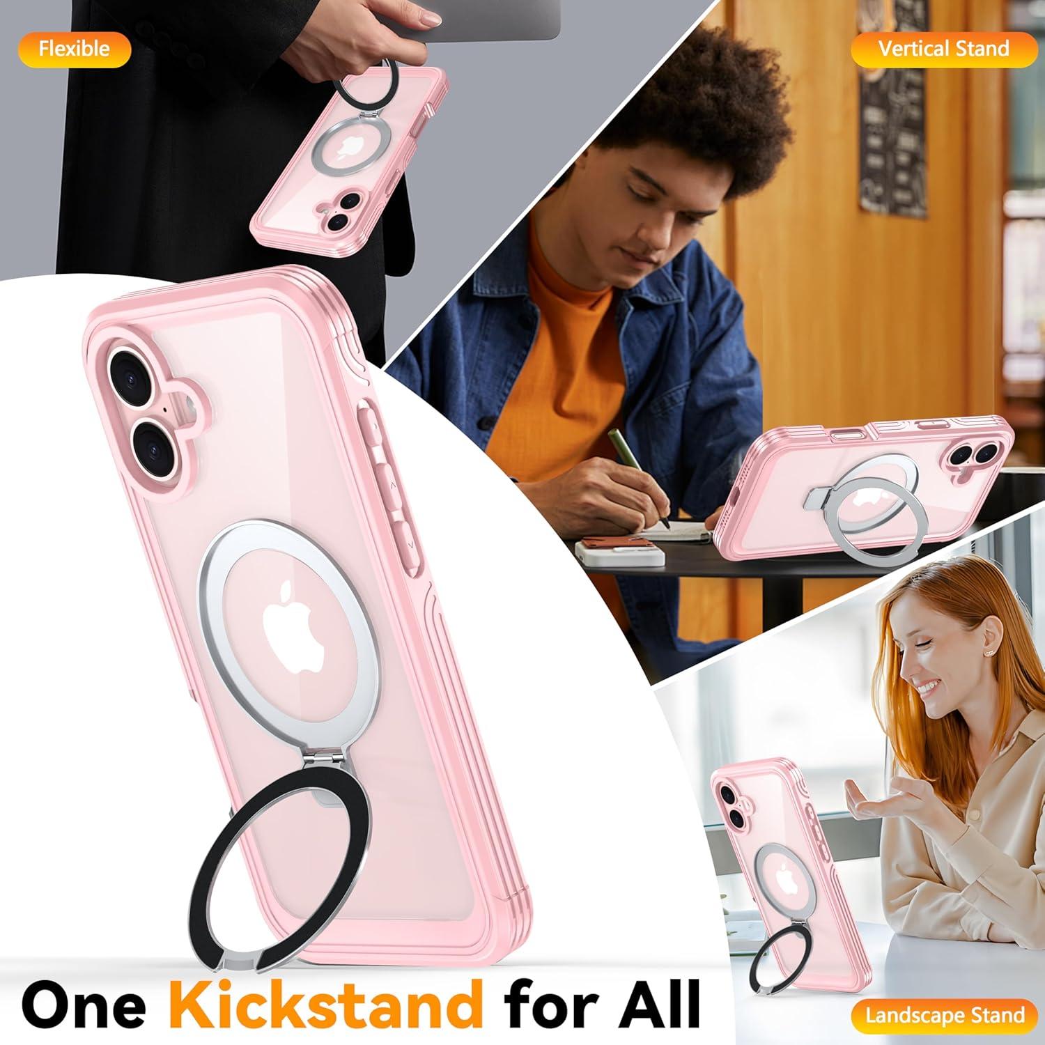 Oneagle Magnetic Stand for iPhone 16 Case [Fit for MagSafe], Real 360° Full Body Shockproof Case Built-in [9H Glass Screen Protector]+[Magnet Ring Kickstand],with Camera Protector Soft TPU Bumper Case